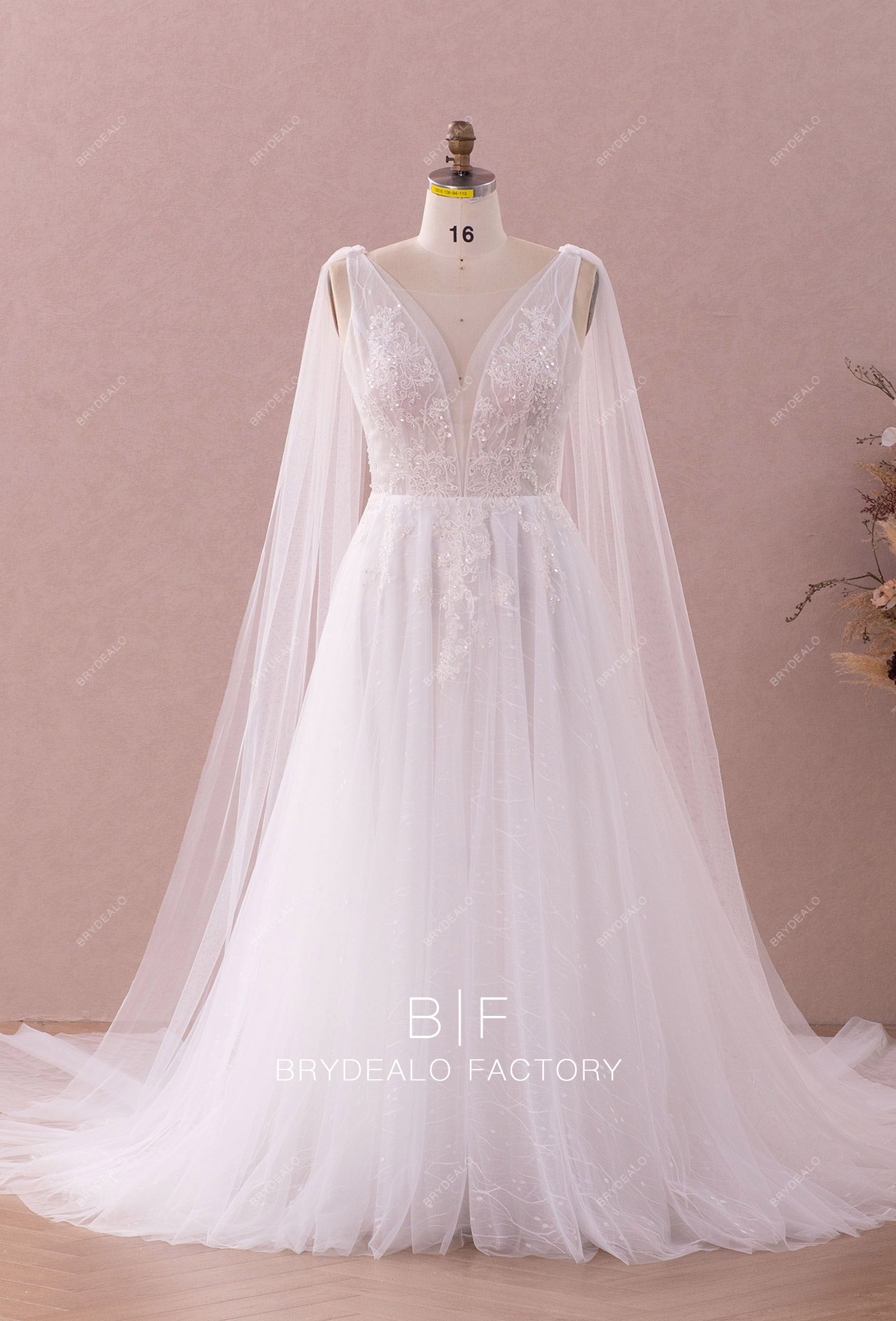 Shoulder veil V-neck lace A-line wedding dress