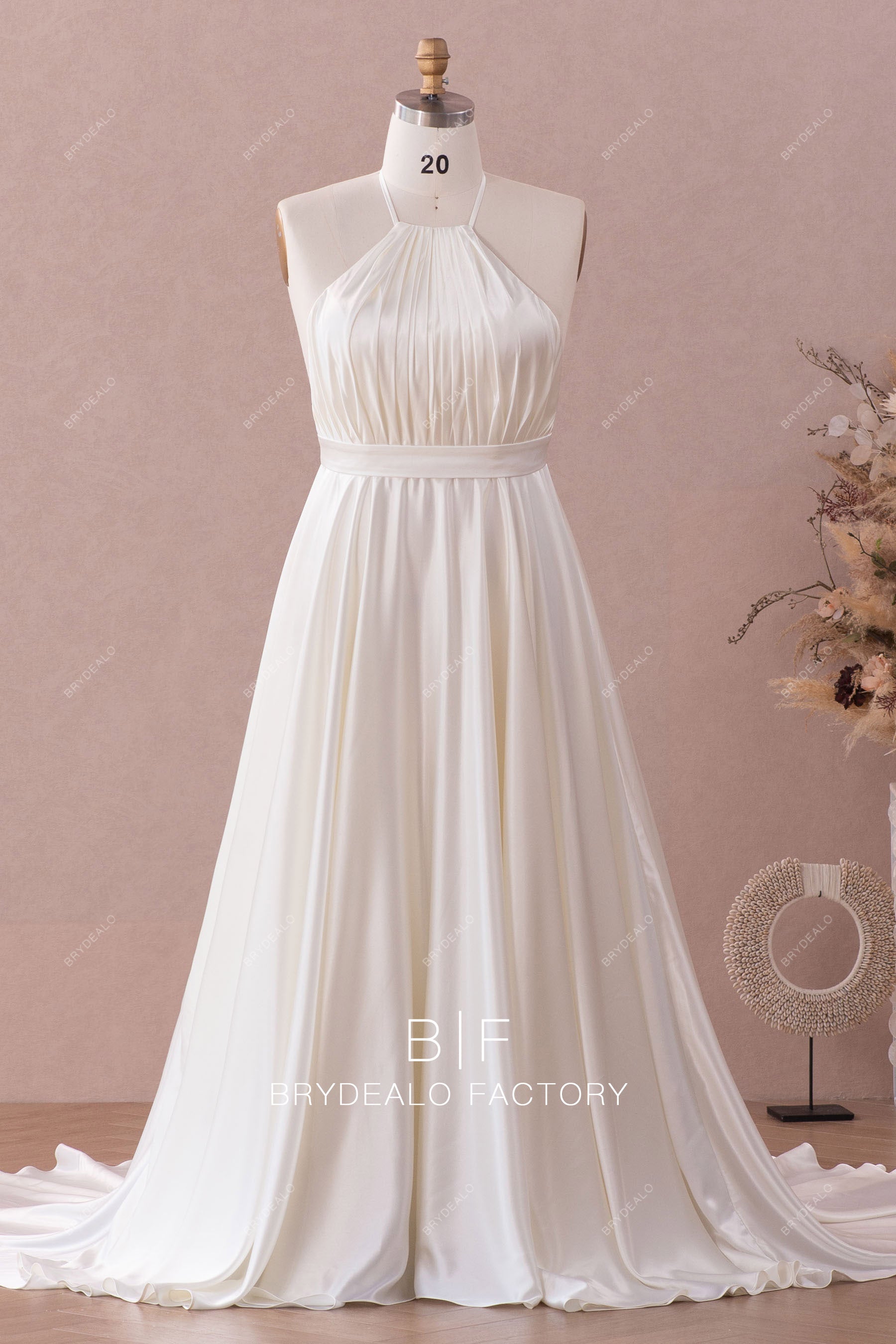 Ivory Silky Satin Plus Size Halter A-Line Wedding Dress