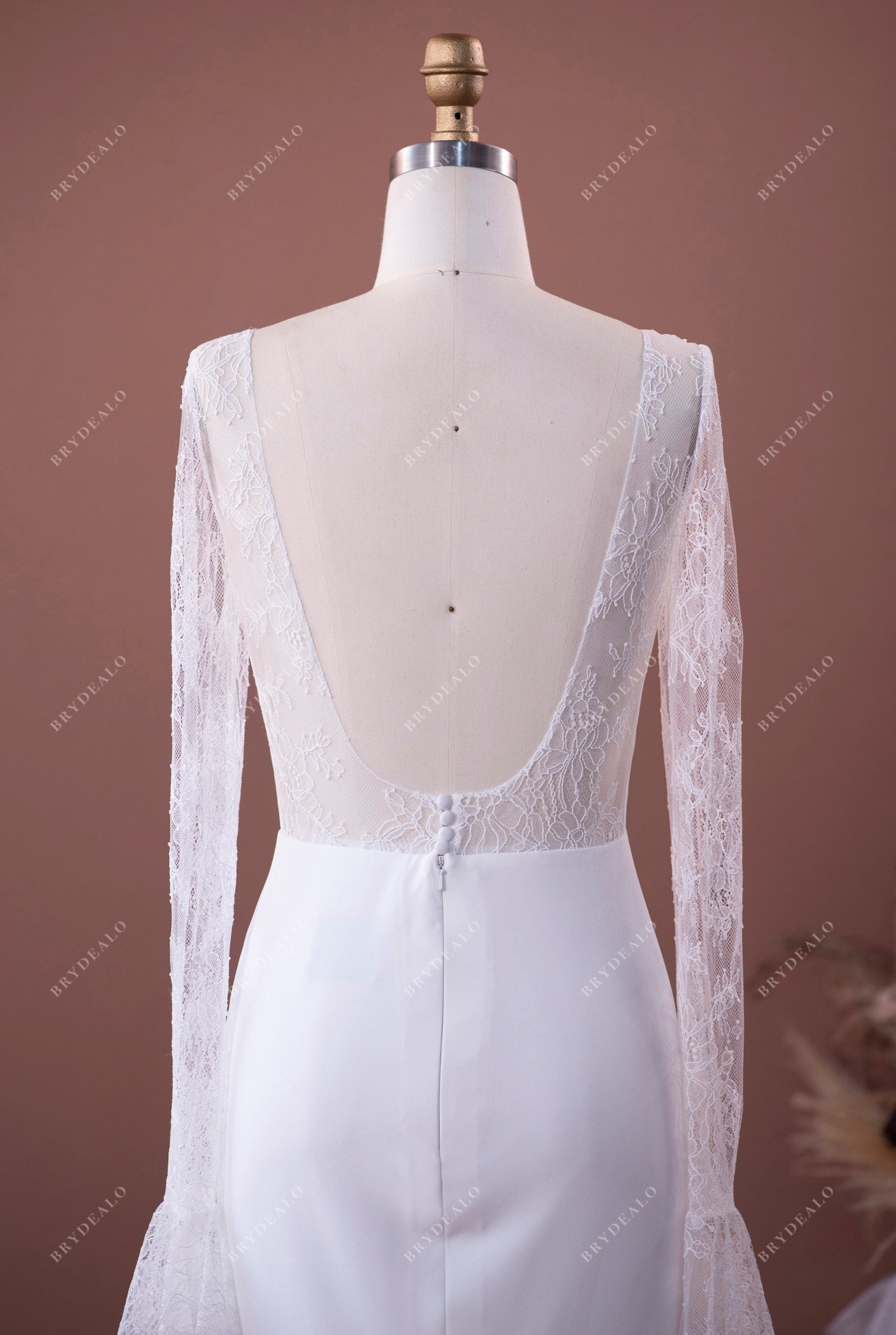 low back lace full sleeves destination spring bridal gown