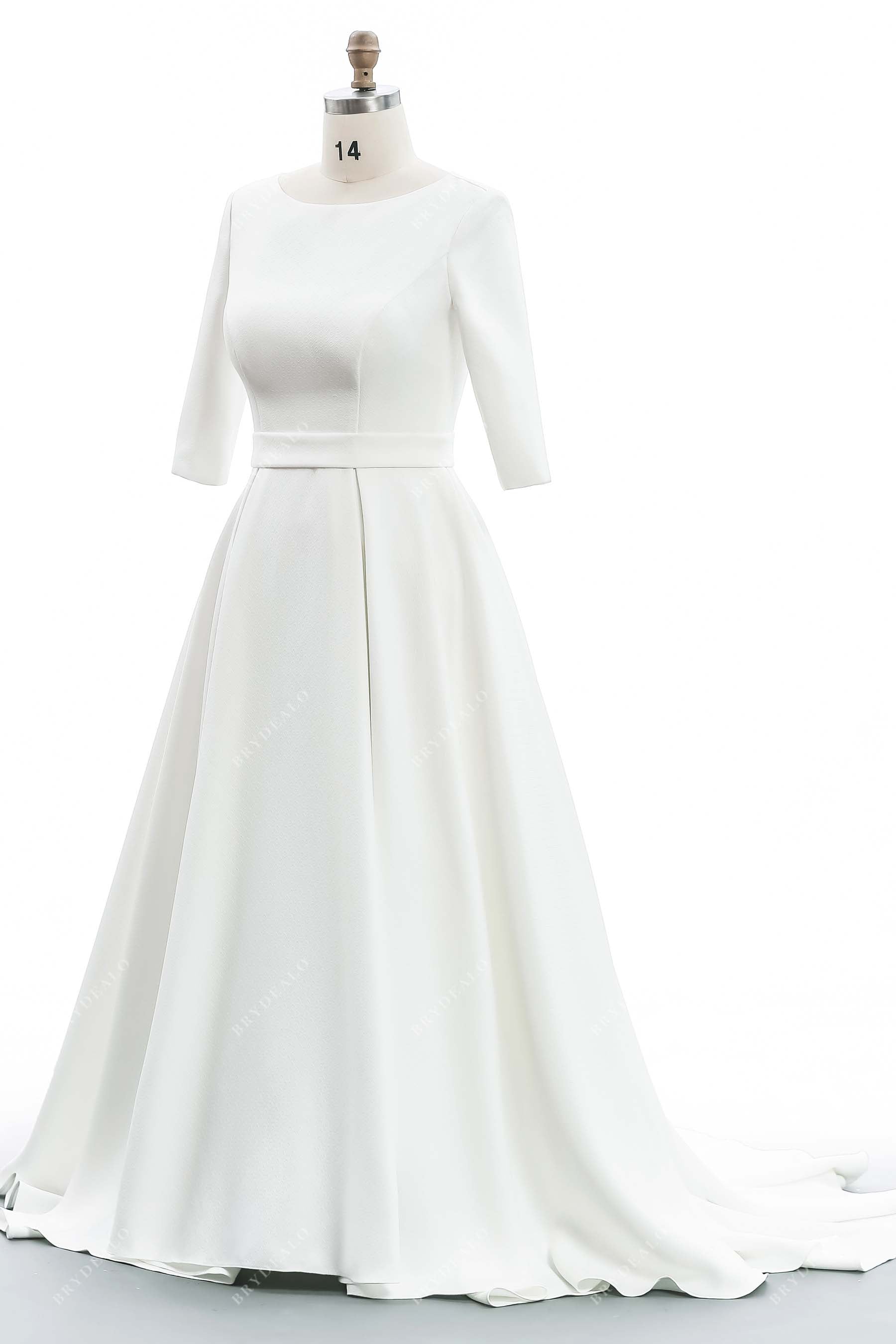 Boat Neck 3/4 Sleeve Designed Satin Modest Wedding Dress – Brydealo