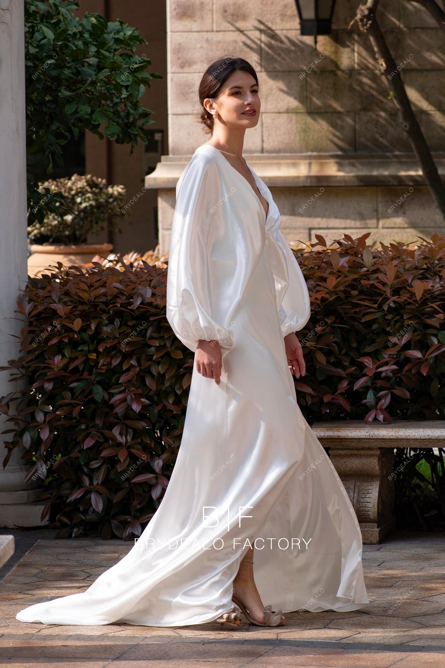 satin slit wedding dress Modern White Strapless Satin High Slit Mermaid Wedding Dress with Scarf SW219