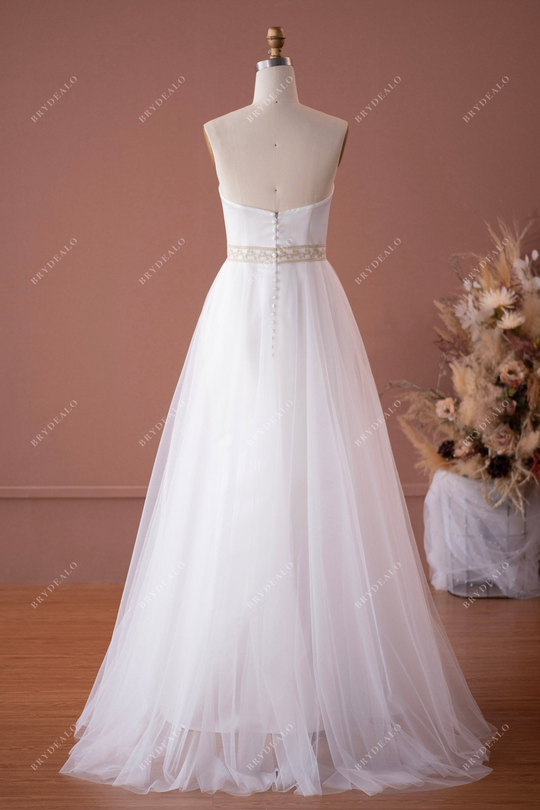 A-line tulle sweep train simple bridal gown