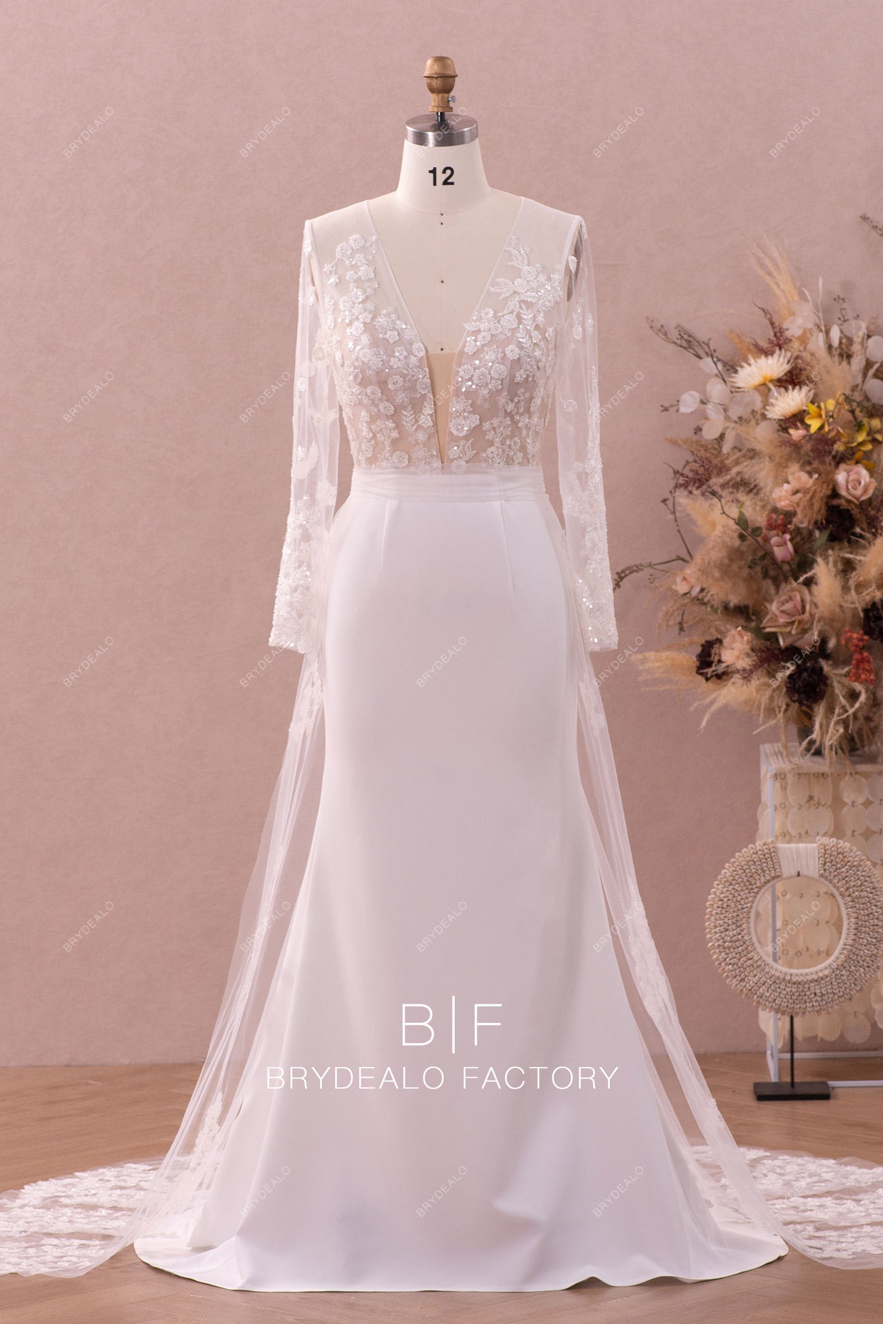 sheer sleeves plunging neck beaded lace crepe bridal gown overskirt