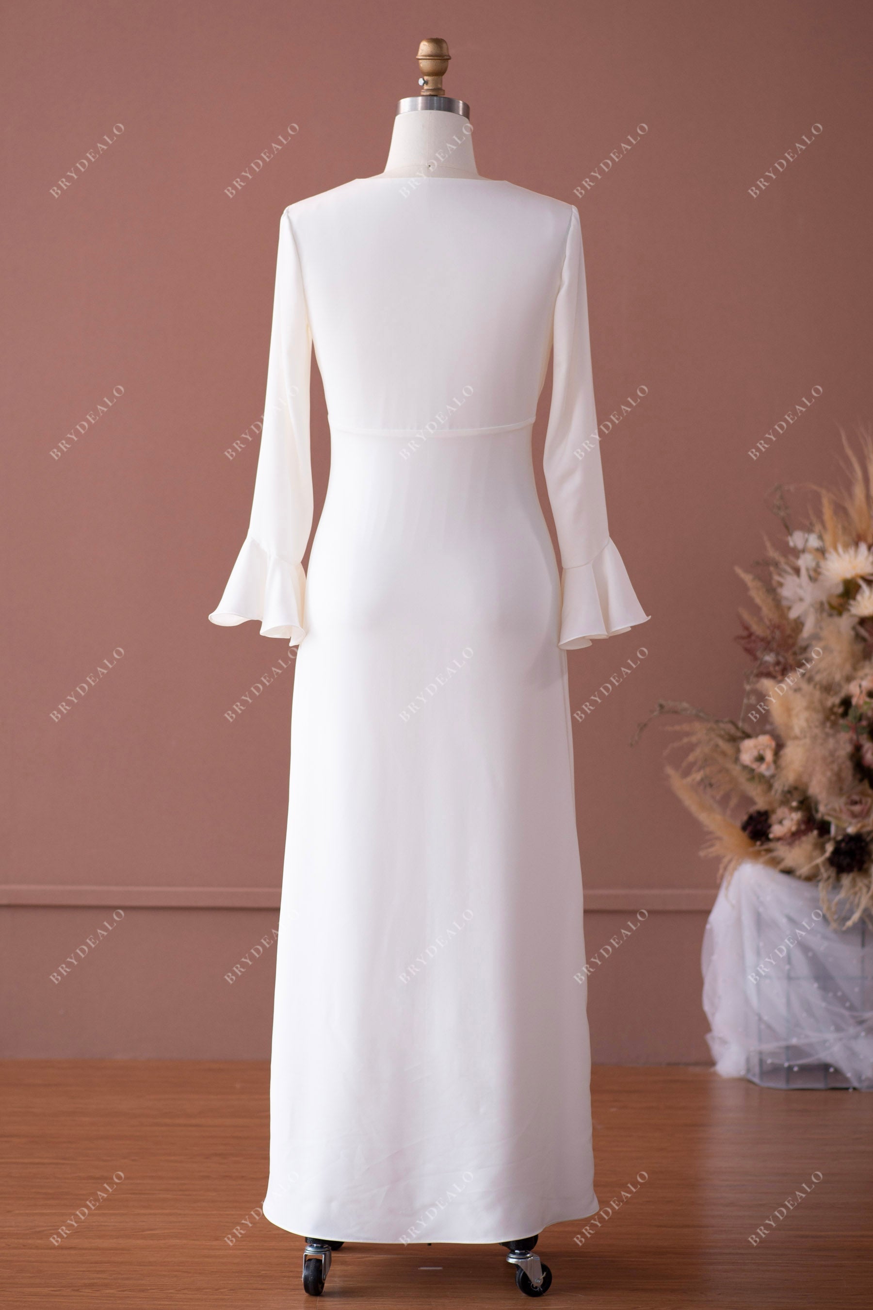 bell sleeves sheath satin ankle length wedding dress