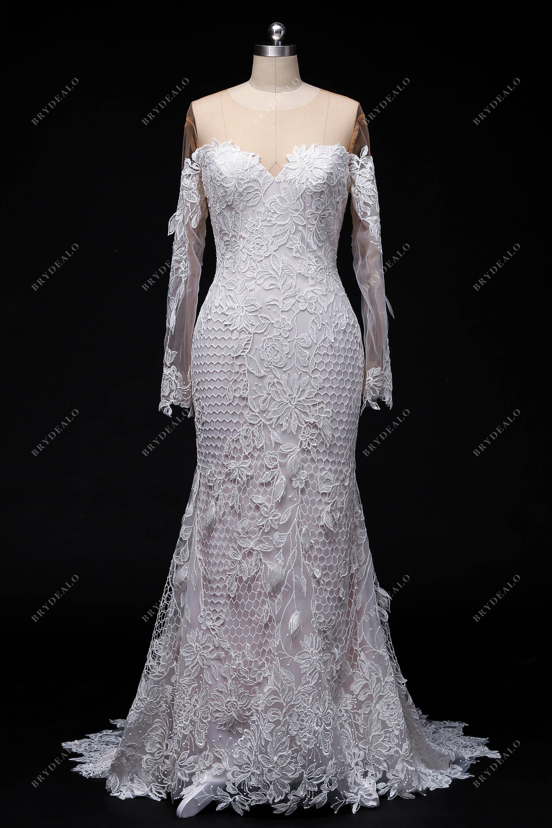 Designer Lace Illusion Neck Sleeves Mermaid Wedding Dress