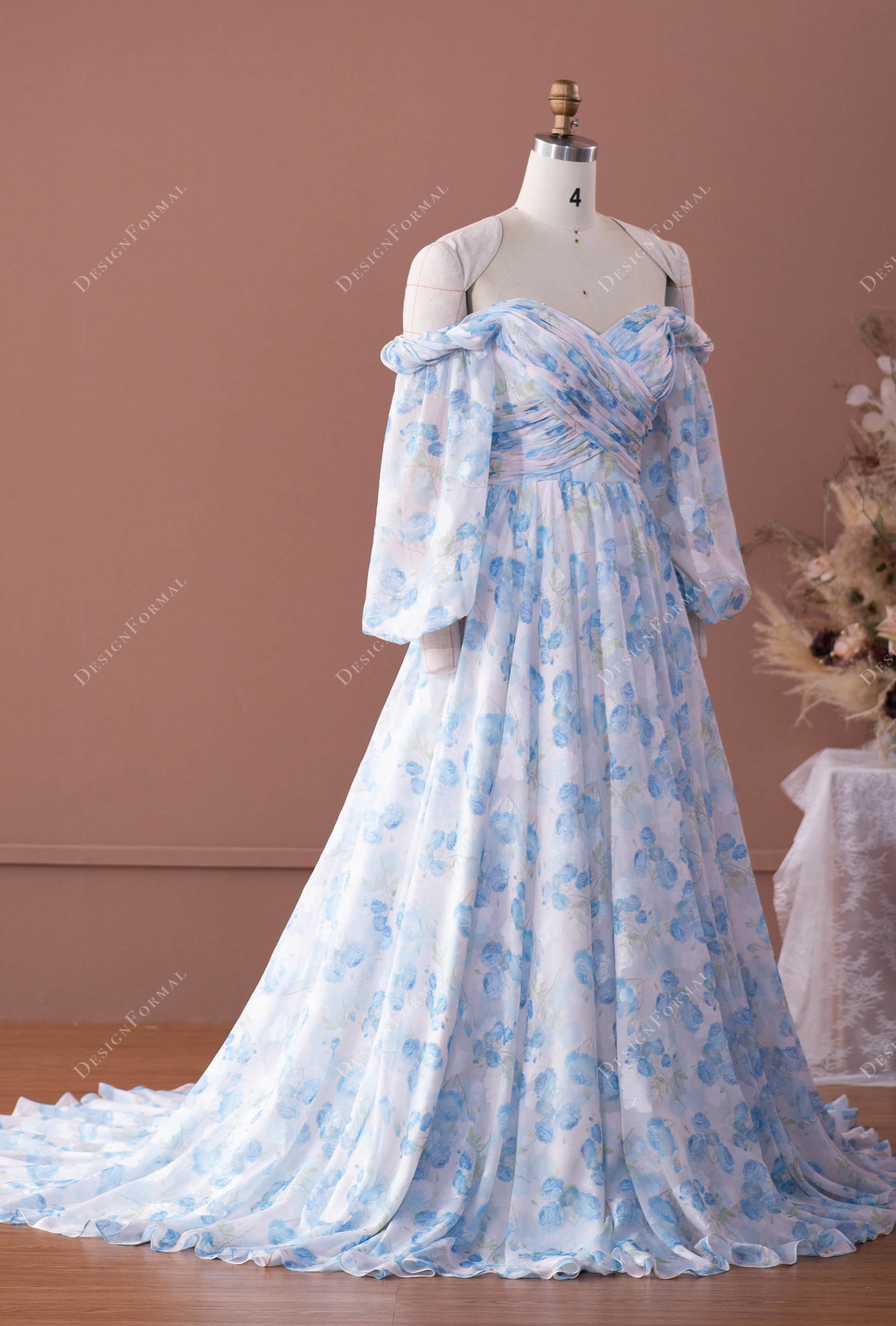 Balloon Sleeve Off Shoulder  Designer Floral Chiffon A-line Bridal Dress