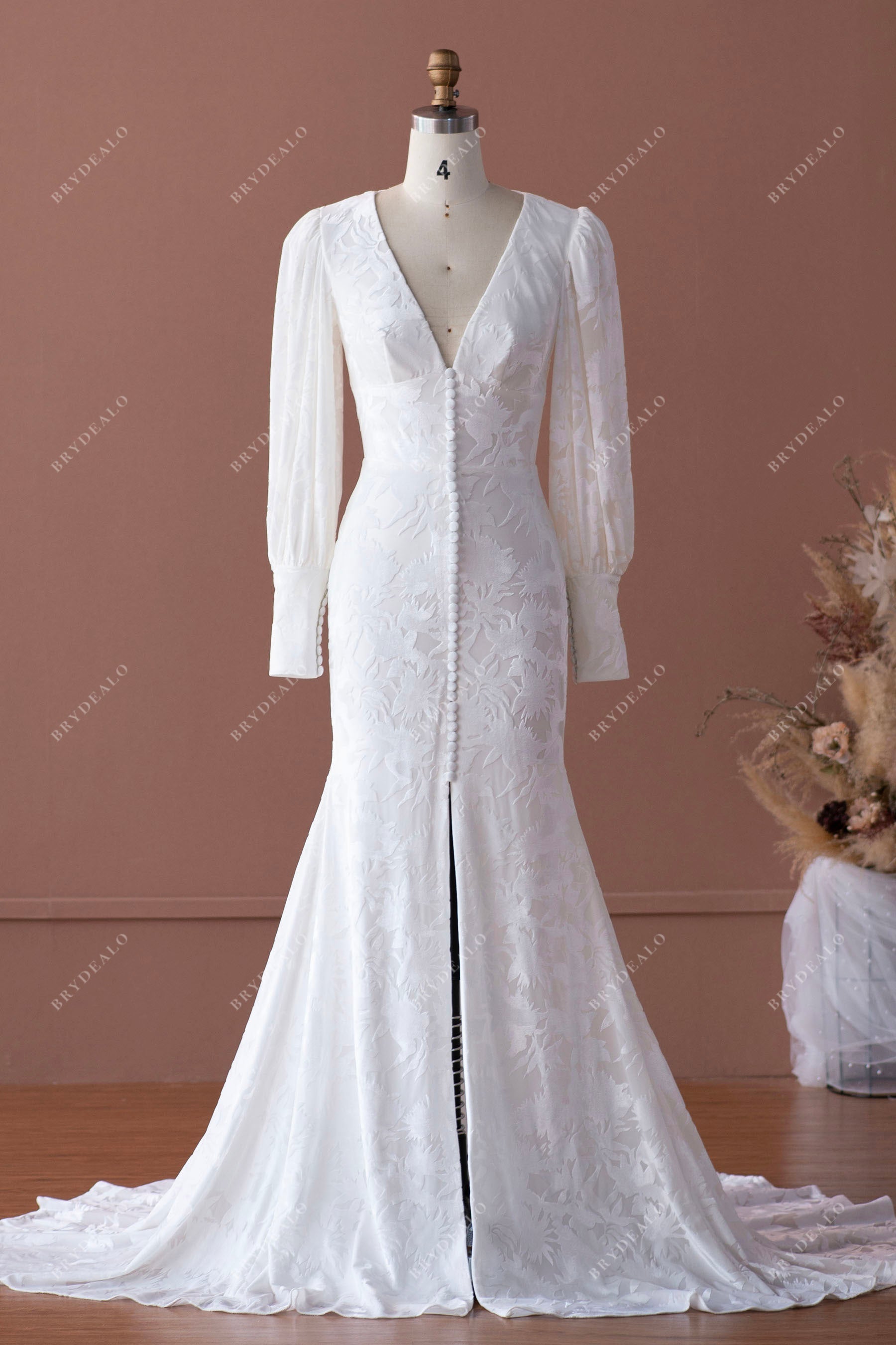sleeved vintage velvet slit mermaid wedding dress