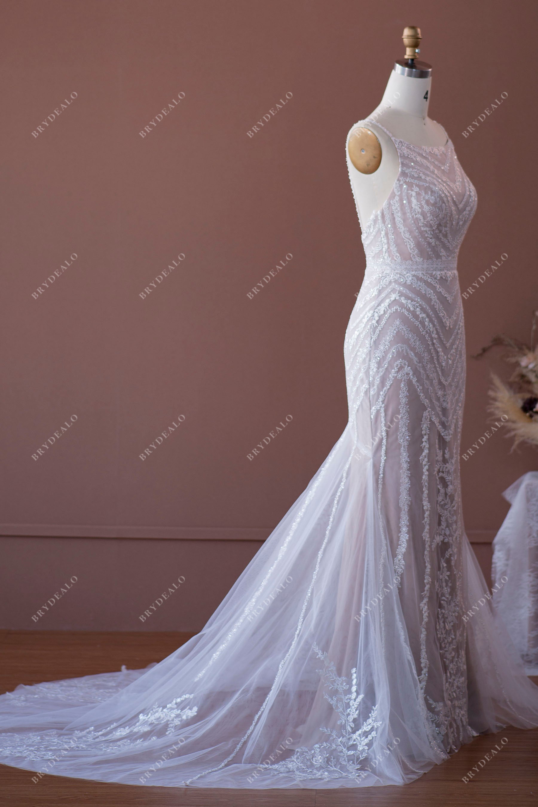 sleeveless mermaid boho lace bridal gown