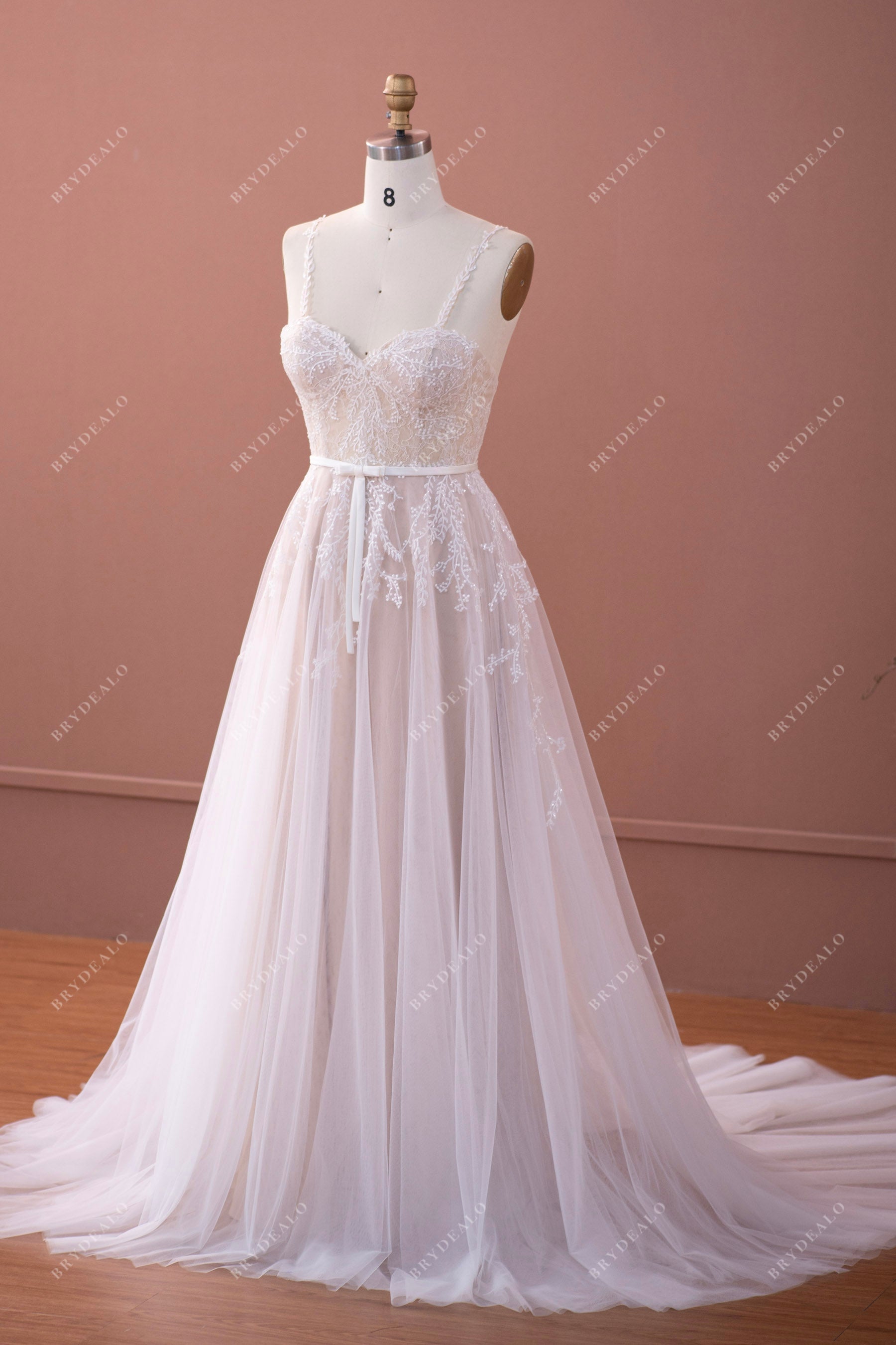 sleeveless romantic lace A-line tulle nude princess bridal gown