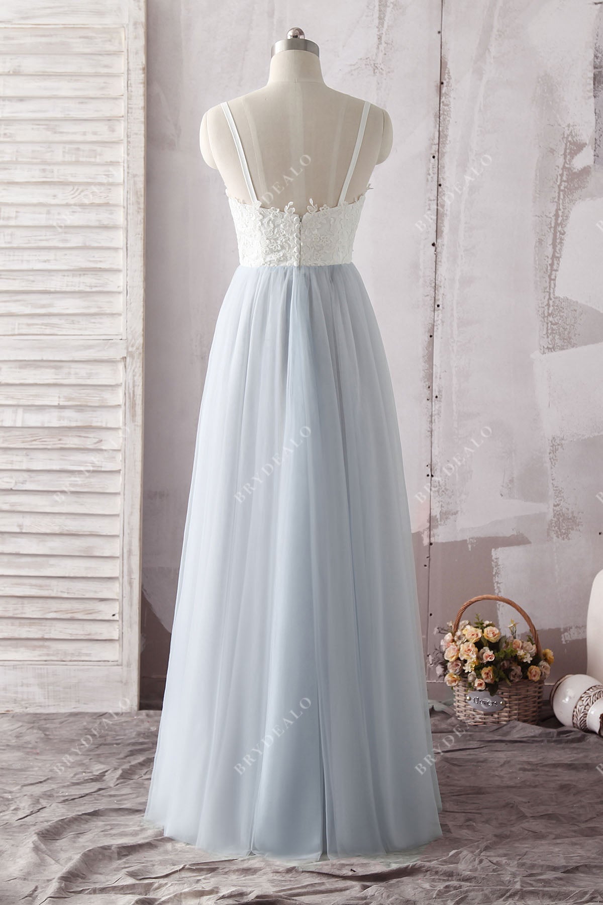 spaghetti straps ivory lace  ice blue tulle casual bridal gown