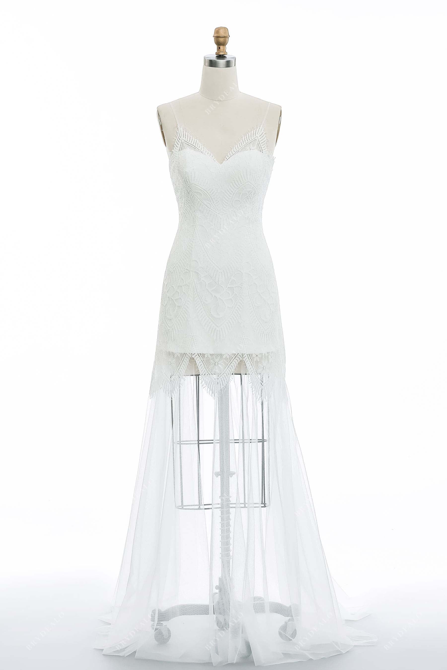 spaghetti straps V-neck lace elopement bridal dress
