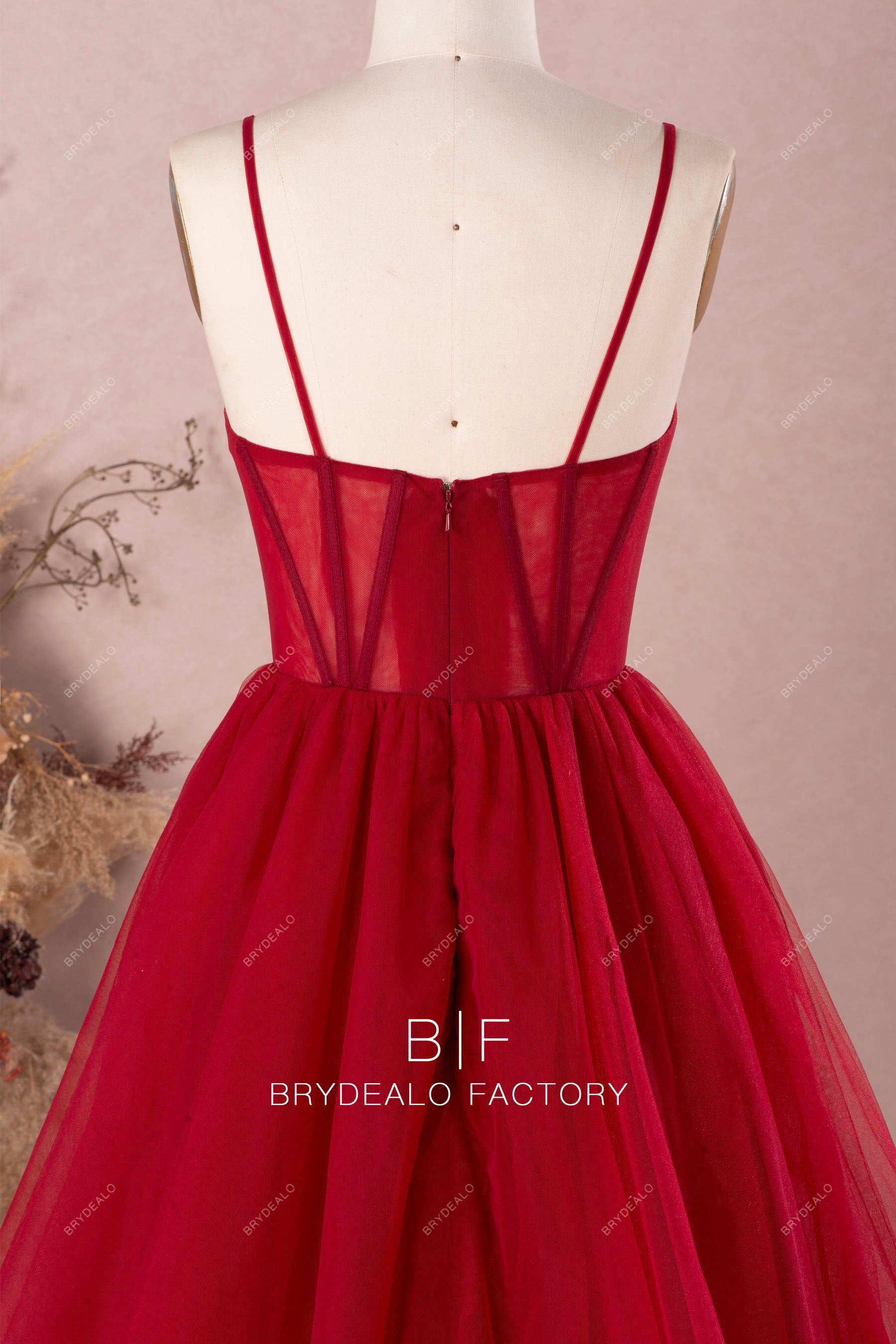 open back sleeveless dark red tulle modern formal gown