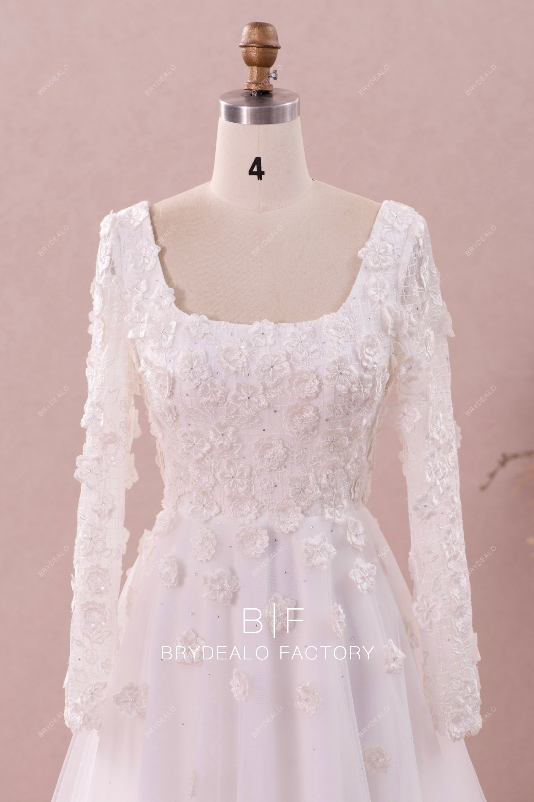 square neck long sleeve designer flower wedding dress