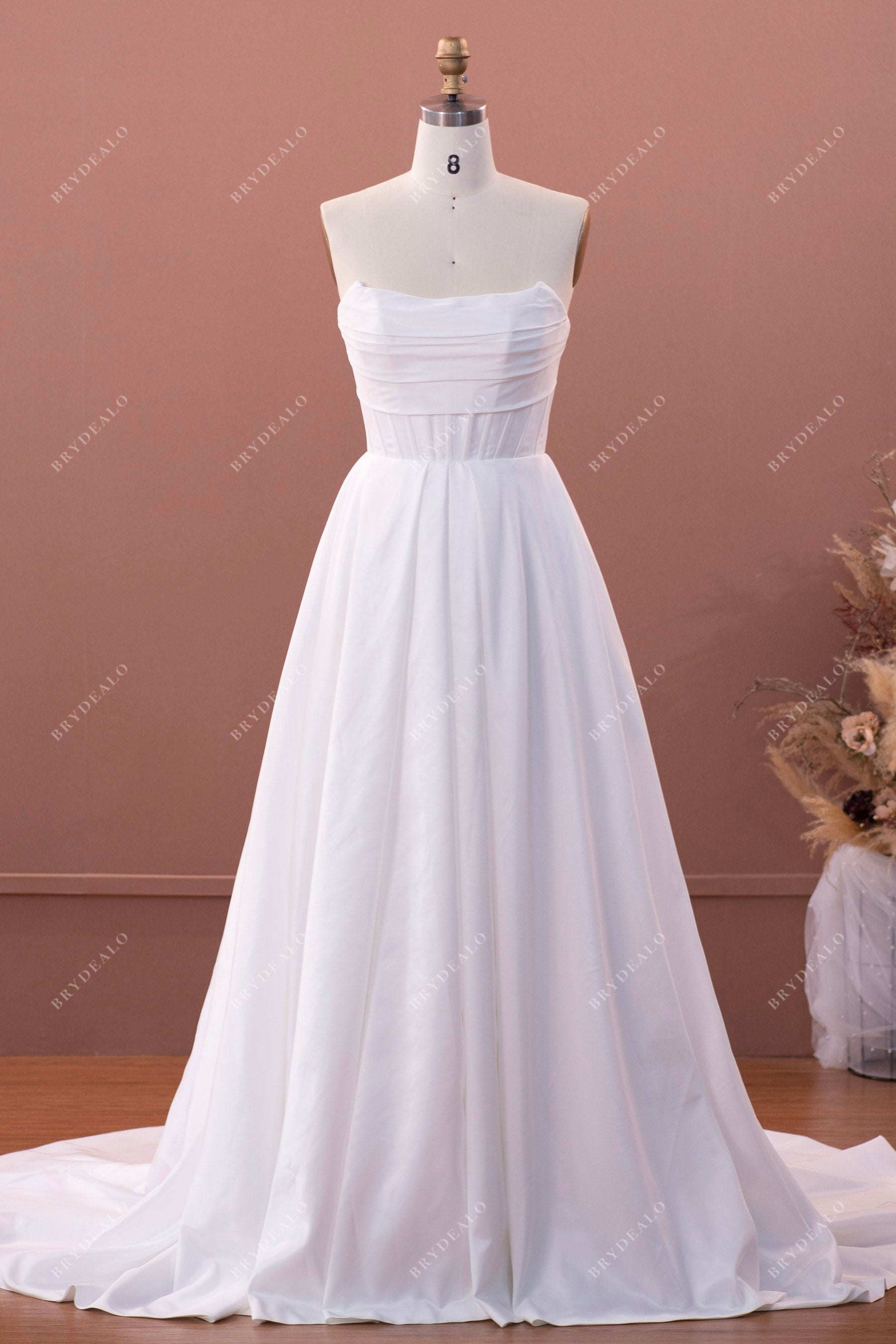 Designer Taffeta Ruched Strapless Pockets A-line Wedding Dress