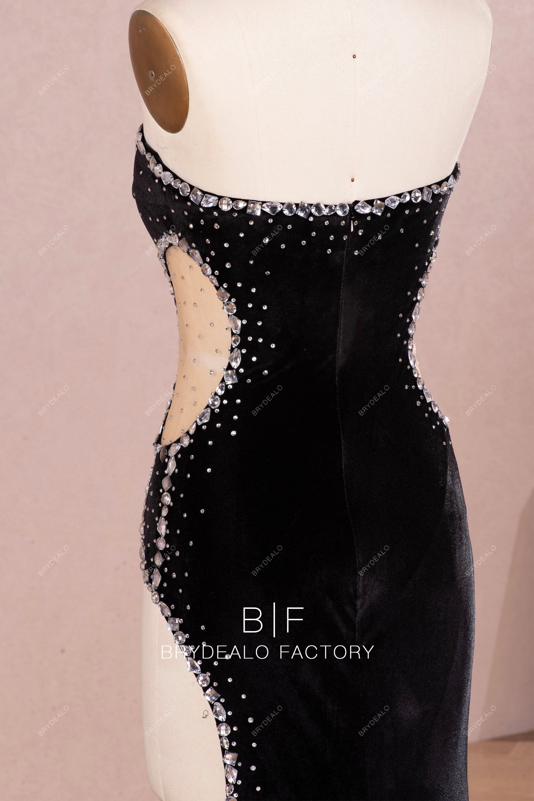 strapless hollow velvet prom dress