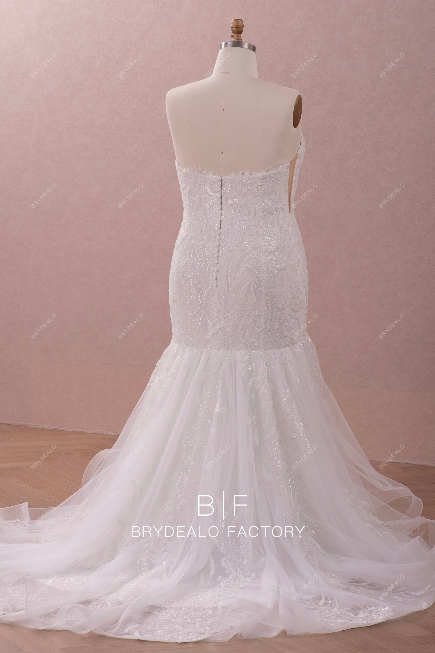 strapless open back mermaid beaded lace wedding gown