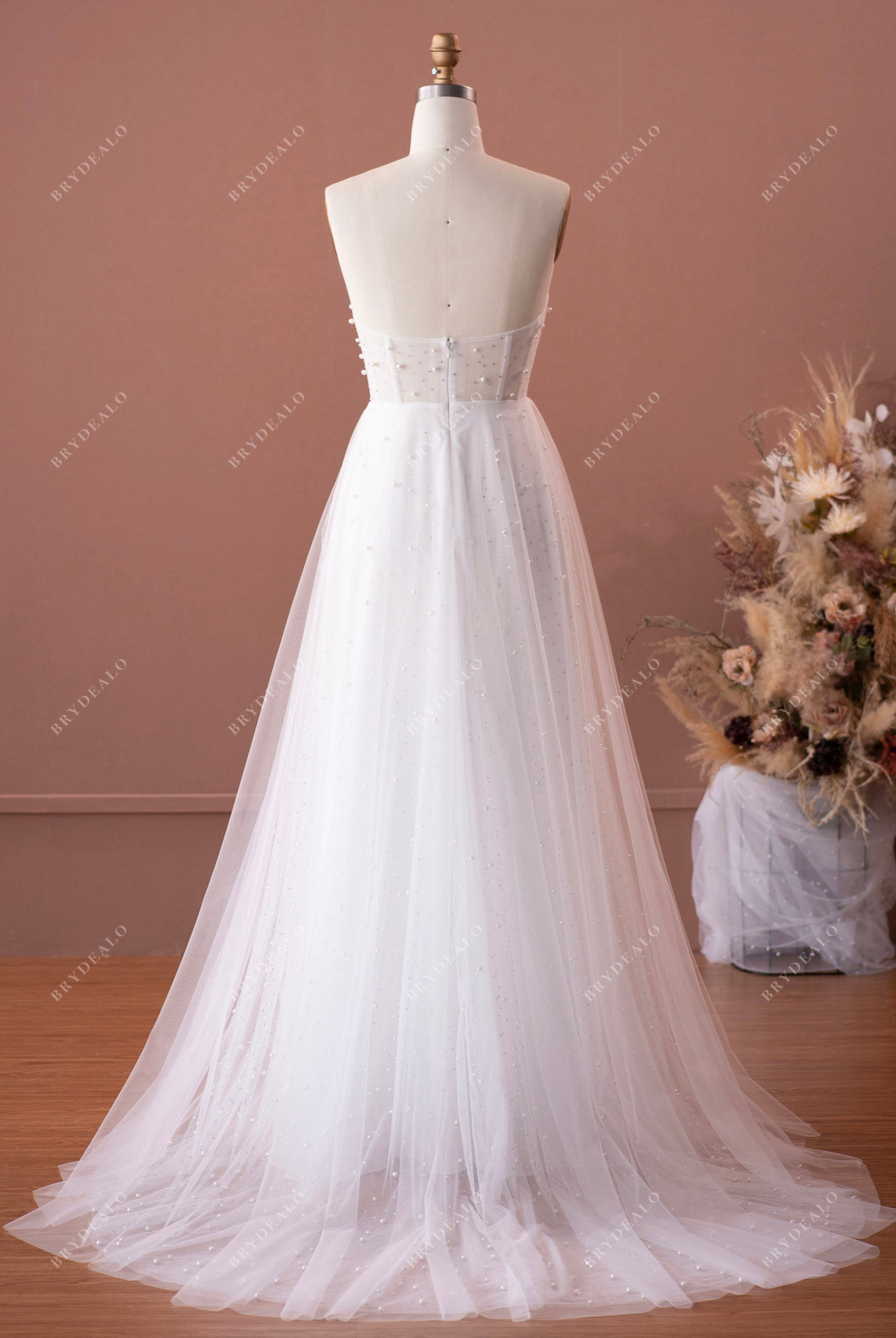 allover pearls A-line sweep train wedding dress