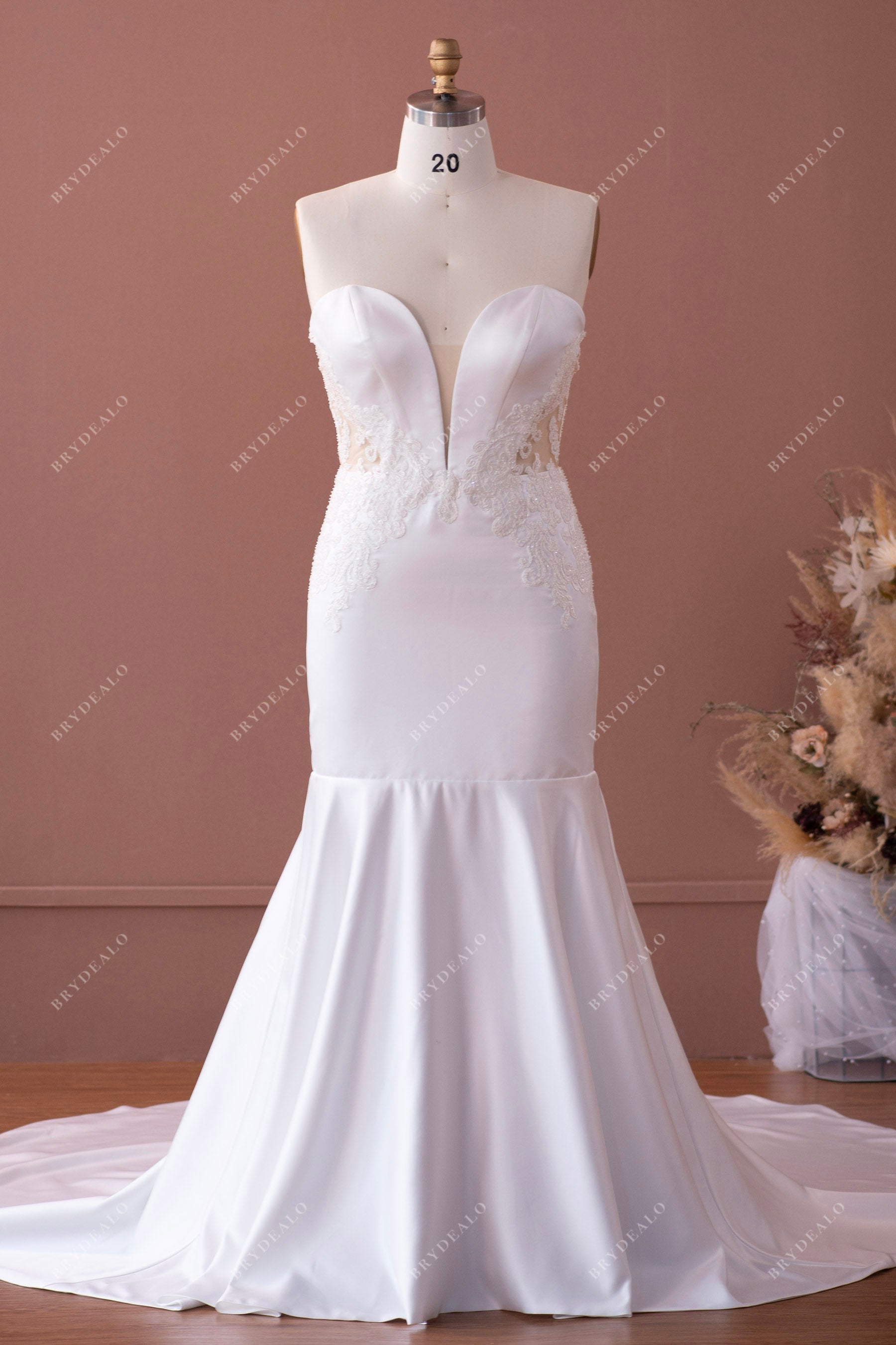 plus size strapless plunging neck sleeveless satin lace wedding dress