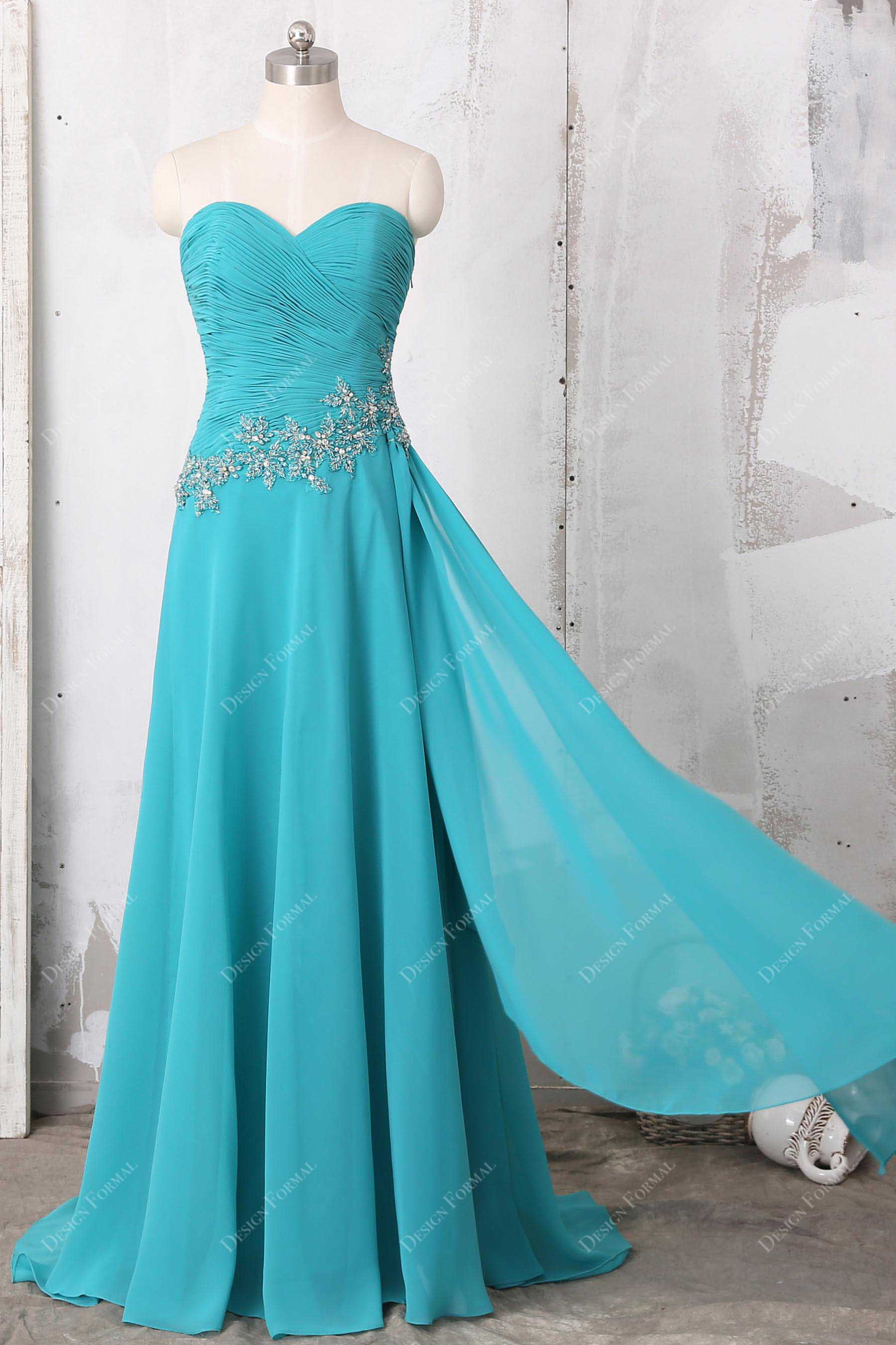 Strapless ruched sweetheart neck chiffon bridesmaid gown