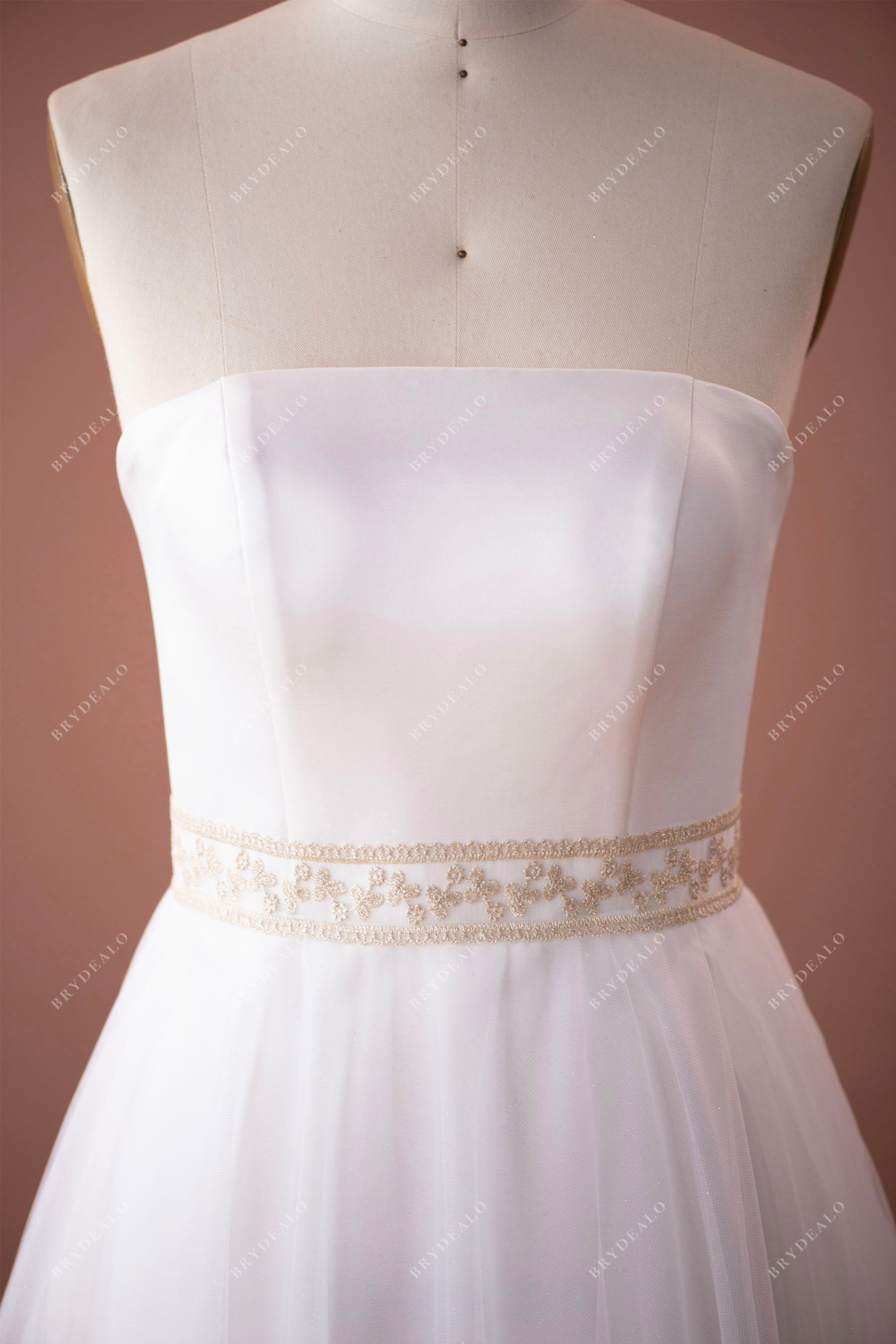 refined strapless straight across neck wedding dress 