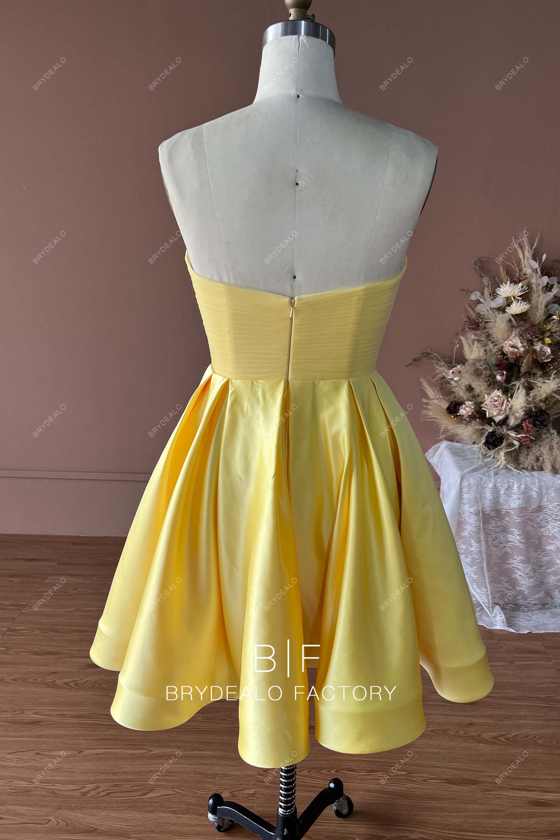strapless yellow stain knee length casual prom dress