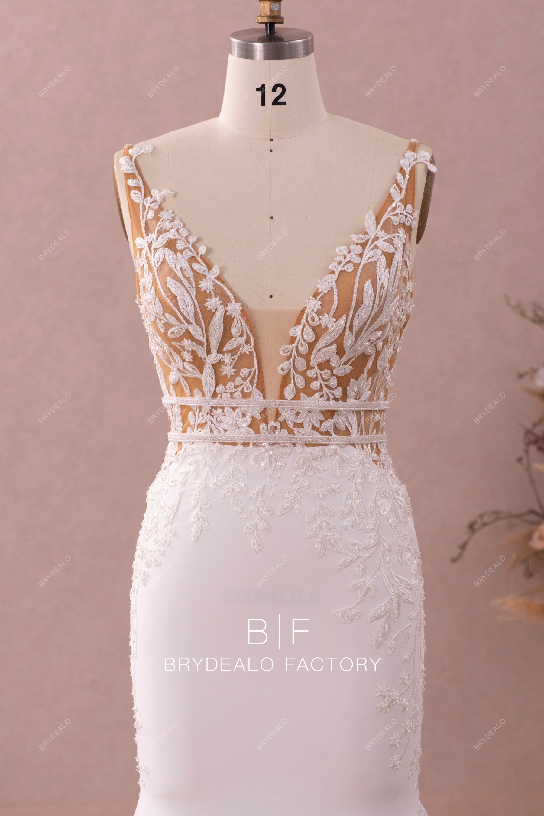 sleeveless beaded lace illusion bodice wedding dress