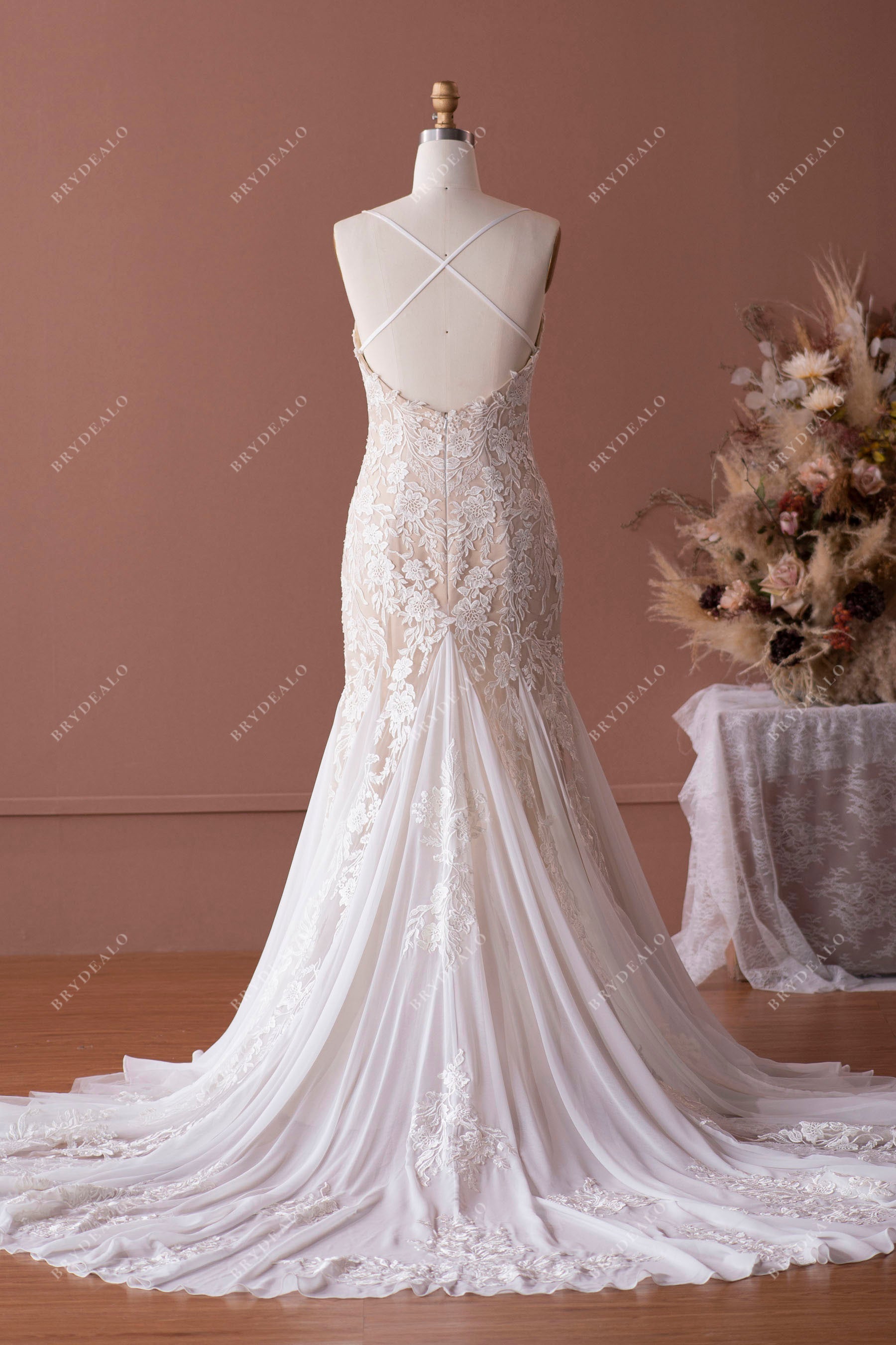 crisscross back designer lace chiffon mermaid bridal gown