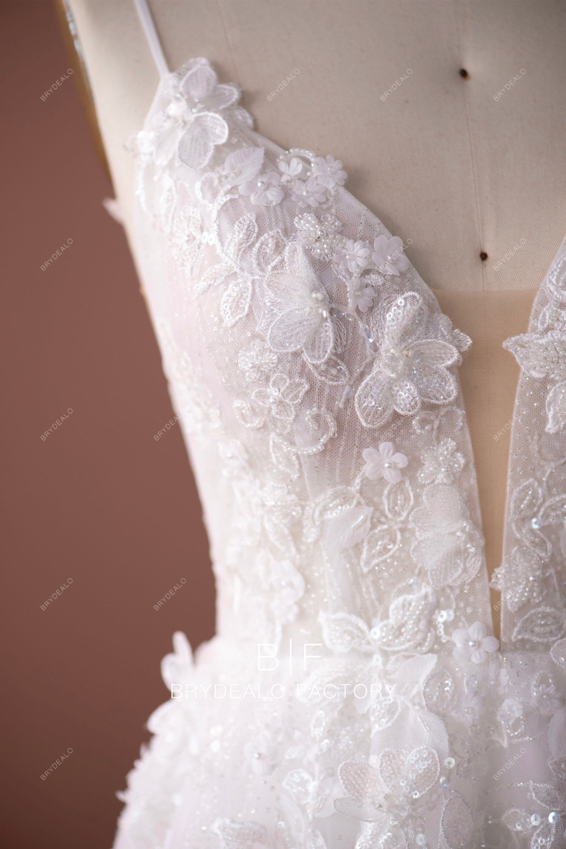 designer 3D flowers lace v-neck outdoor wedding gown