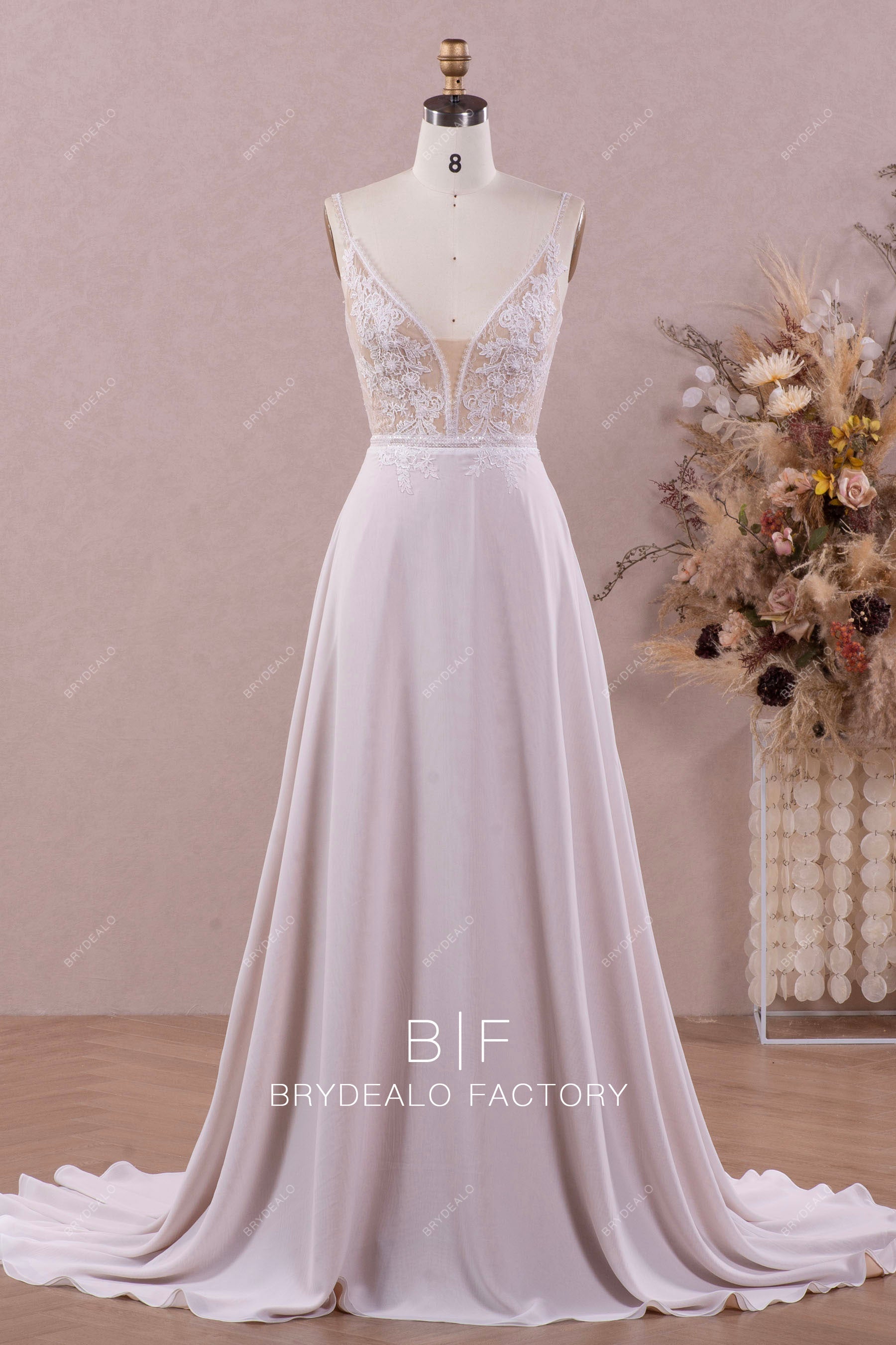 Airy Flower Lace Plunging Chiffon A-line Wedding Dress