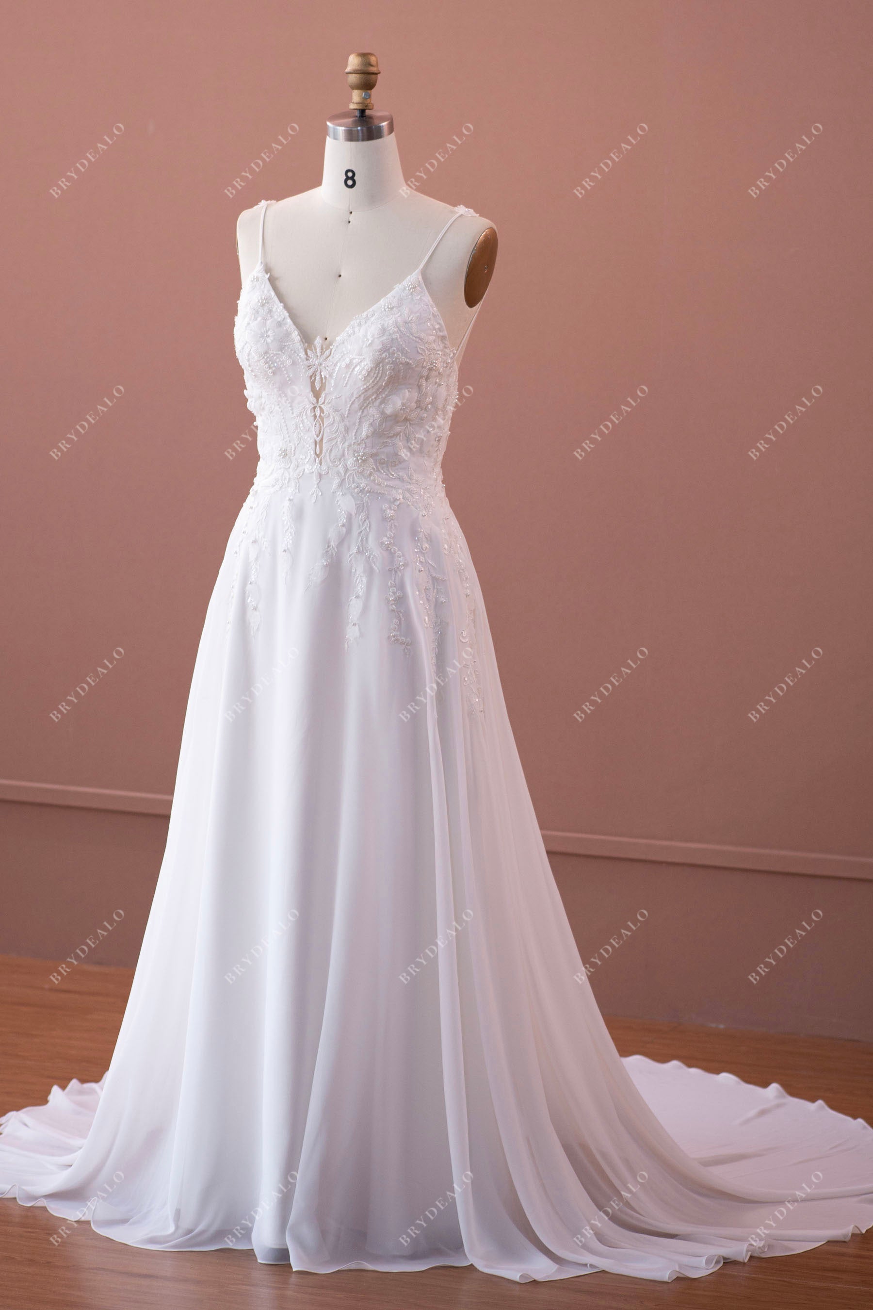 designer lace appliqued long chiffon bridal dress 