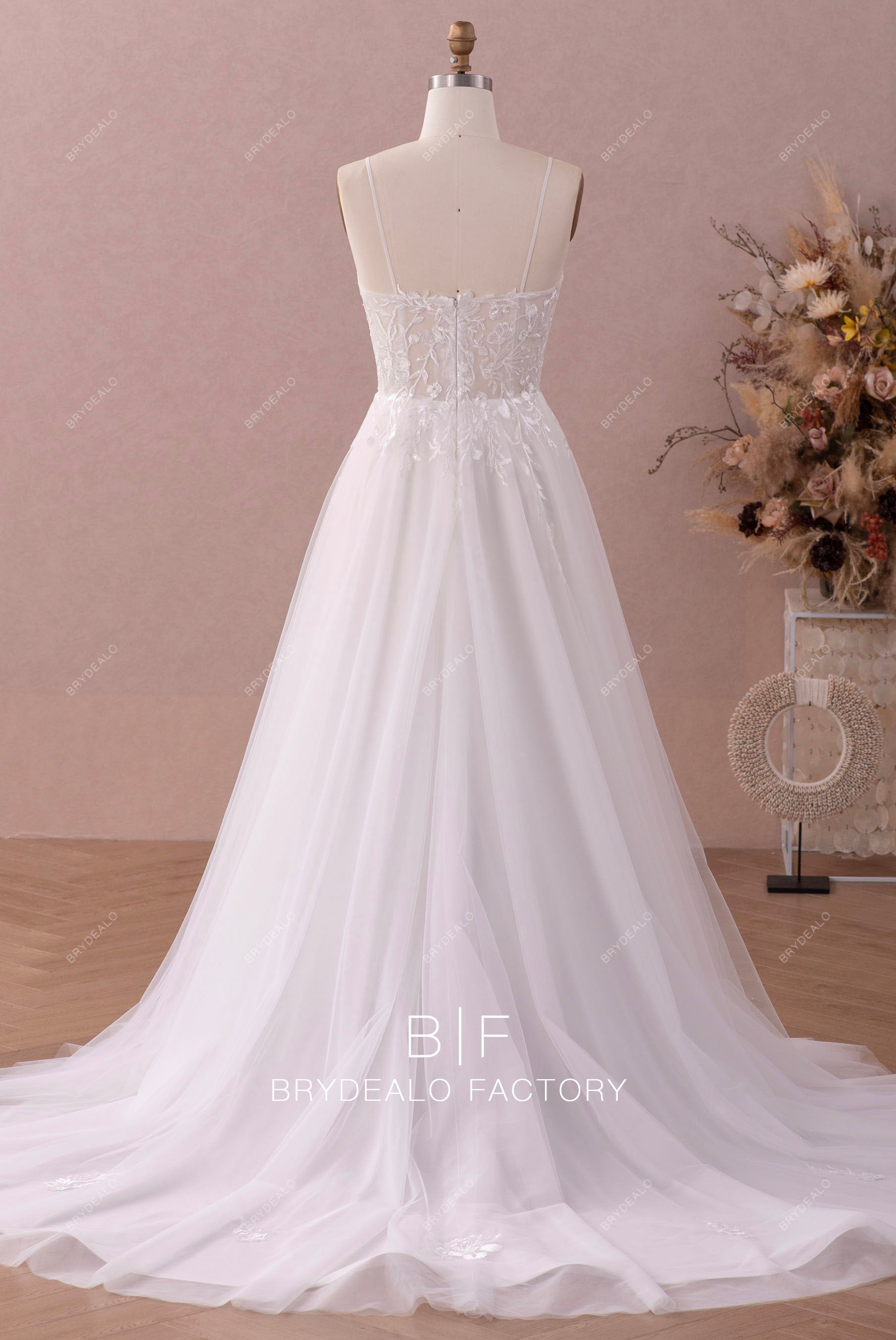 spaghetti straps open back long wedding dress