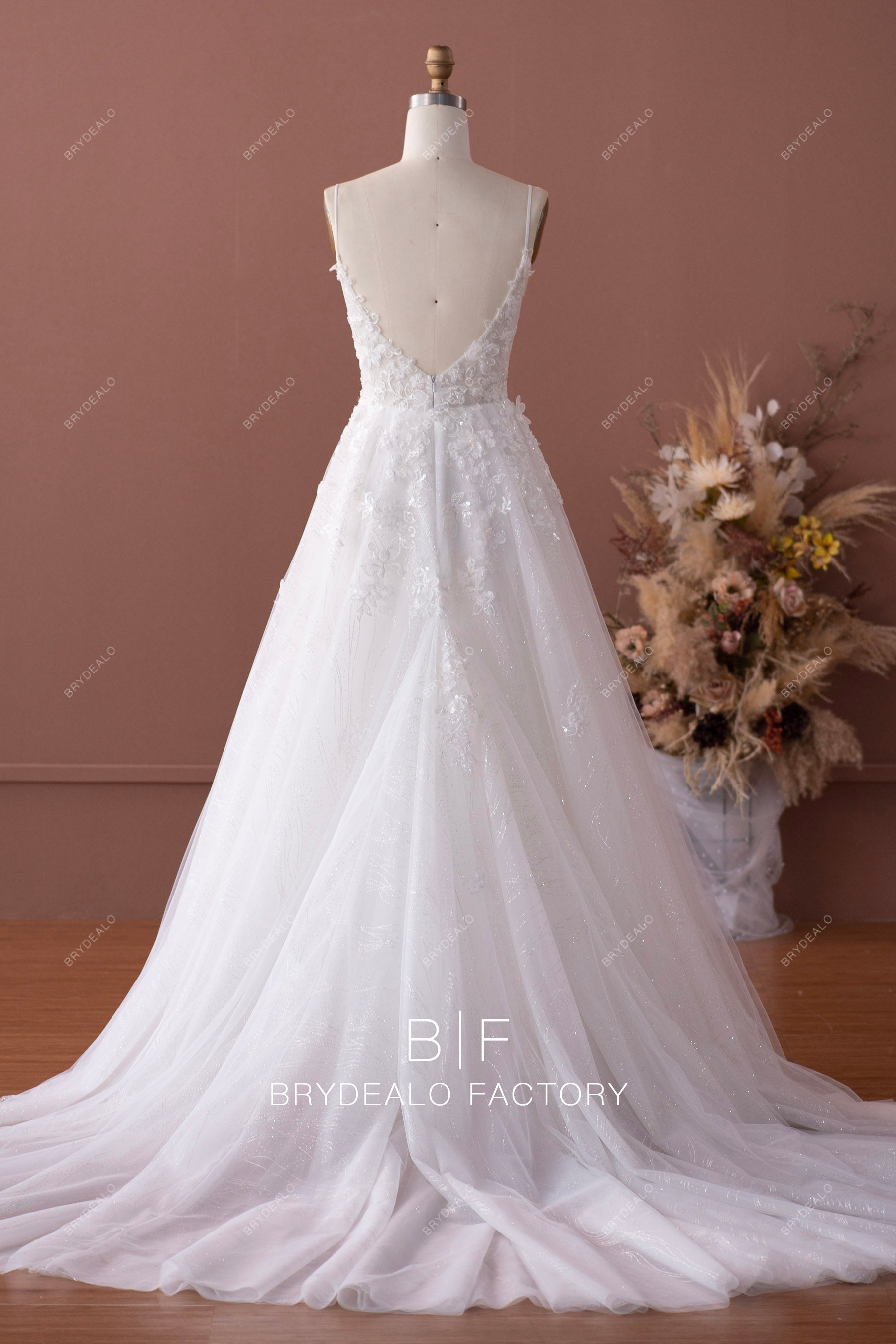 spaghetti straps open back sparkly wedding gown