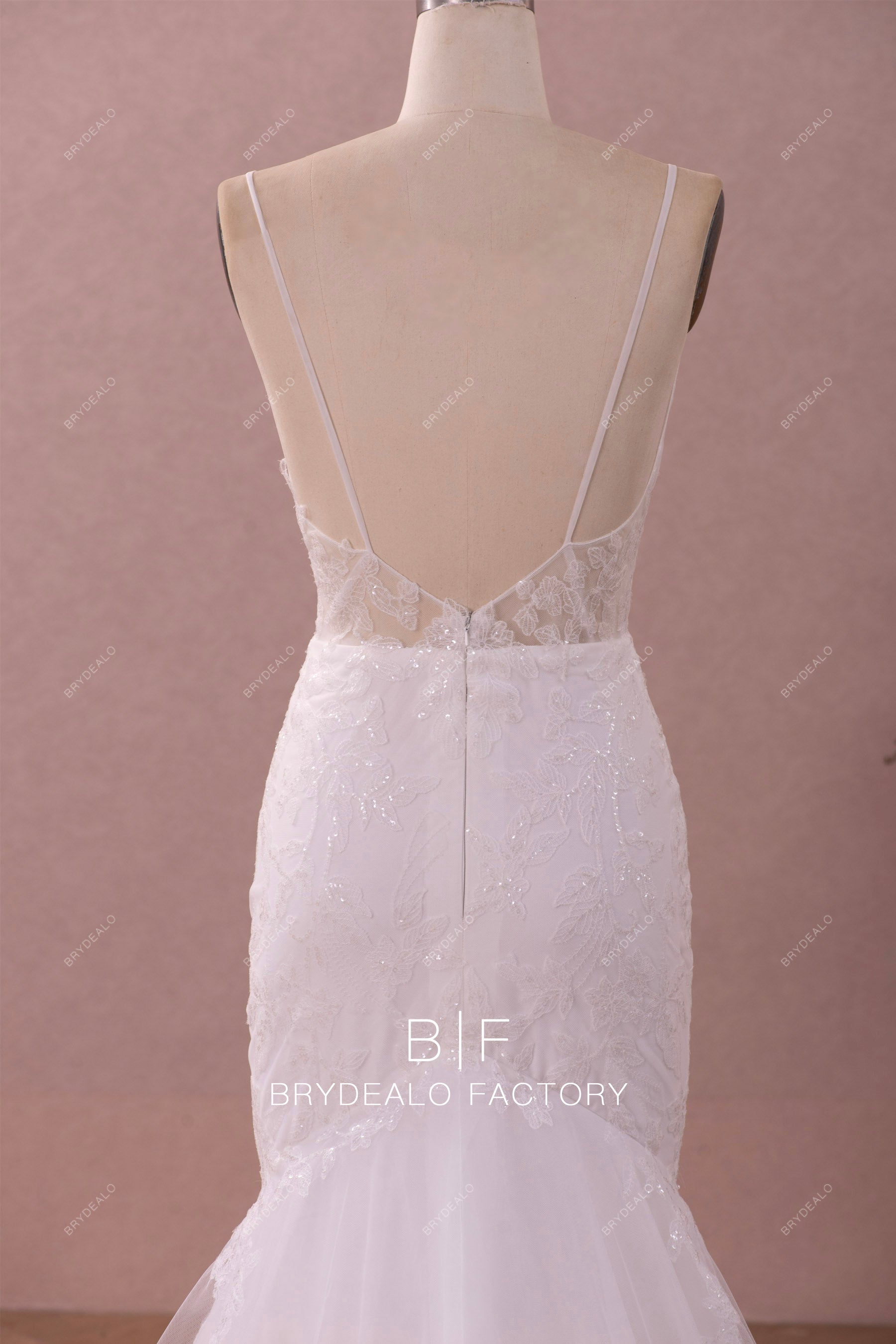 thin straps open back shimmery lace wedding dress