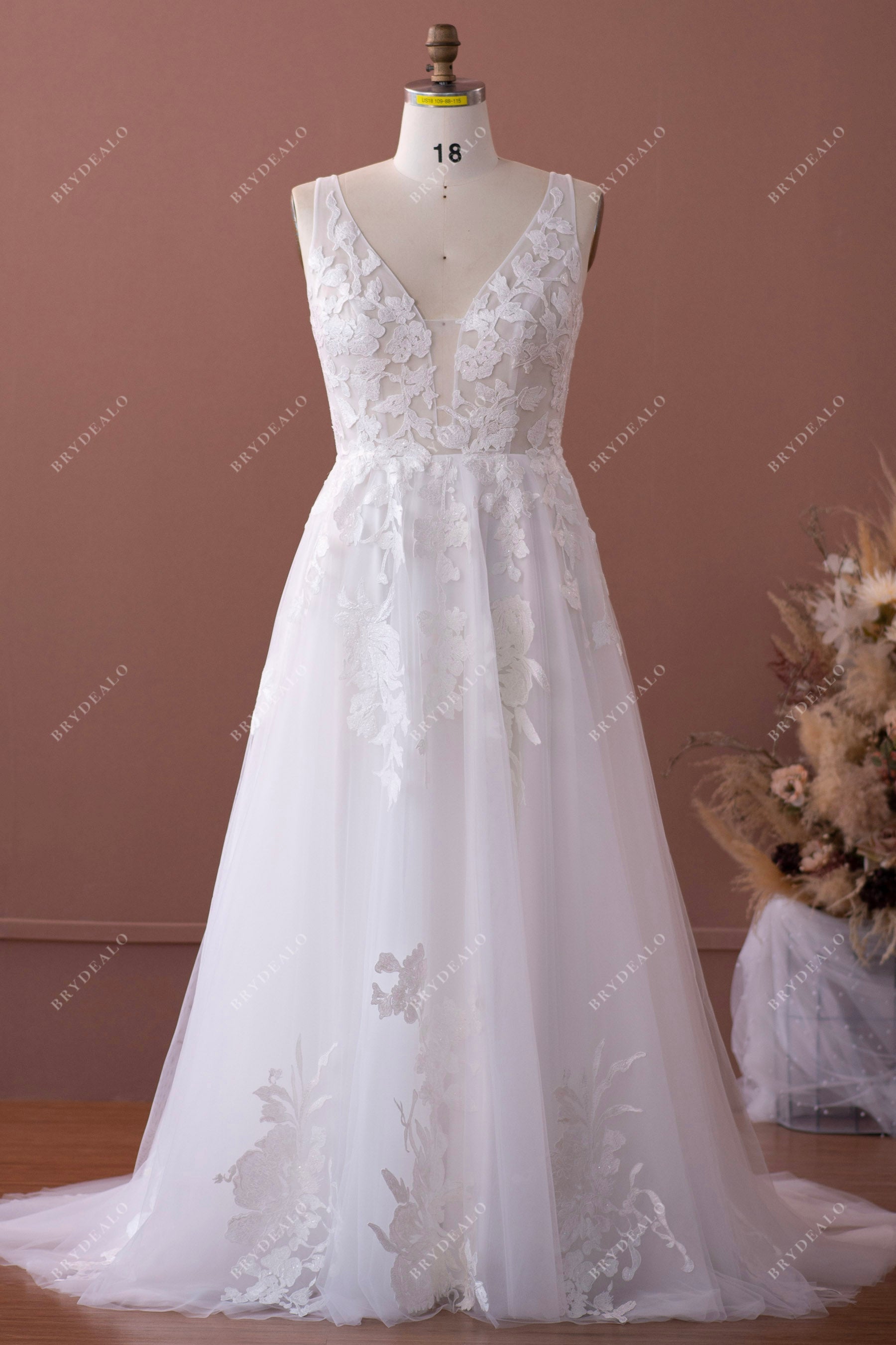 Sleeveless Plunging Plus Size A-line Wedding Dress