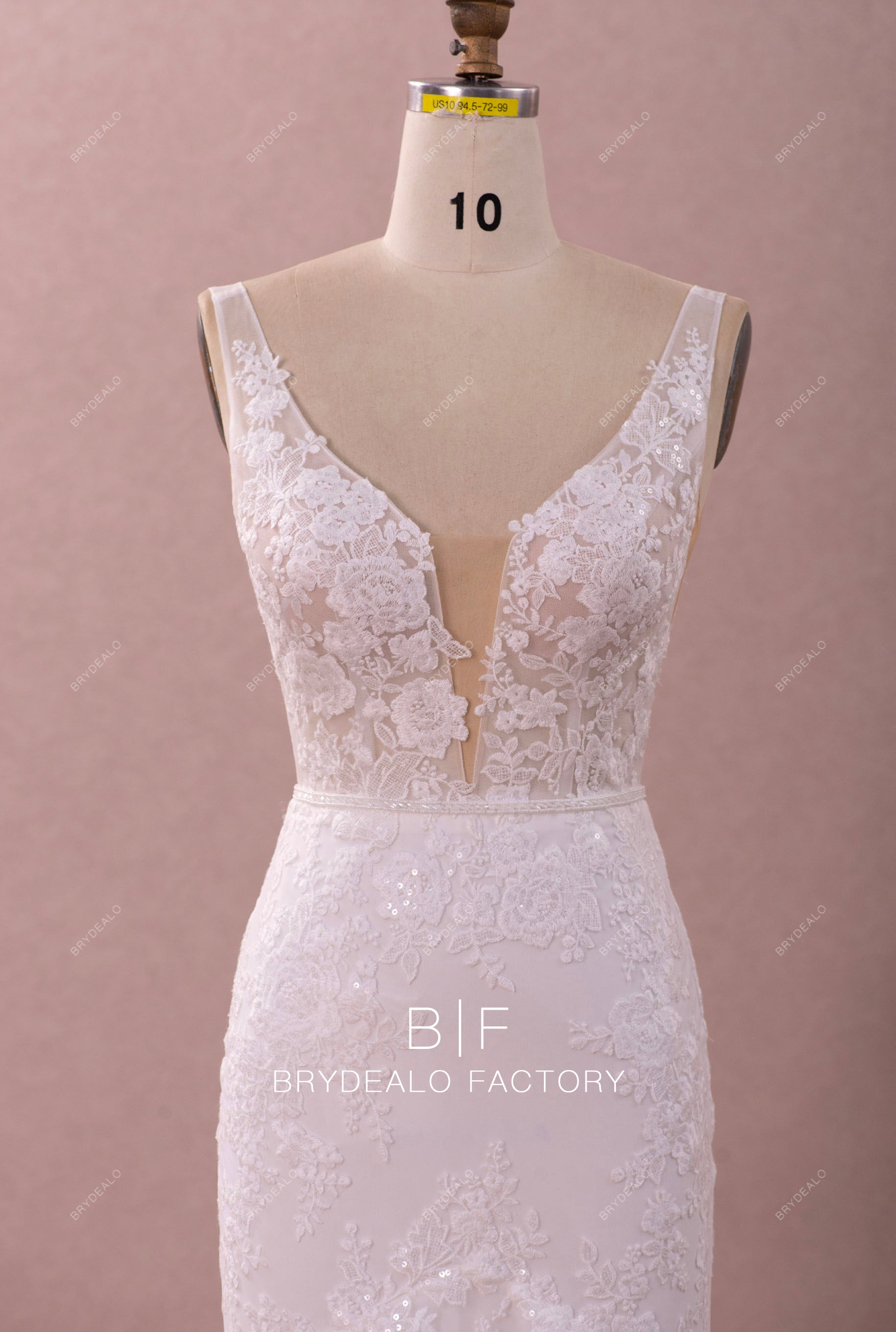 sheer straps plunging beaded lace bridal gown