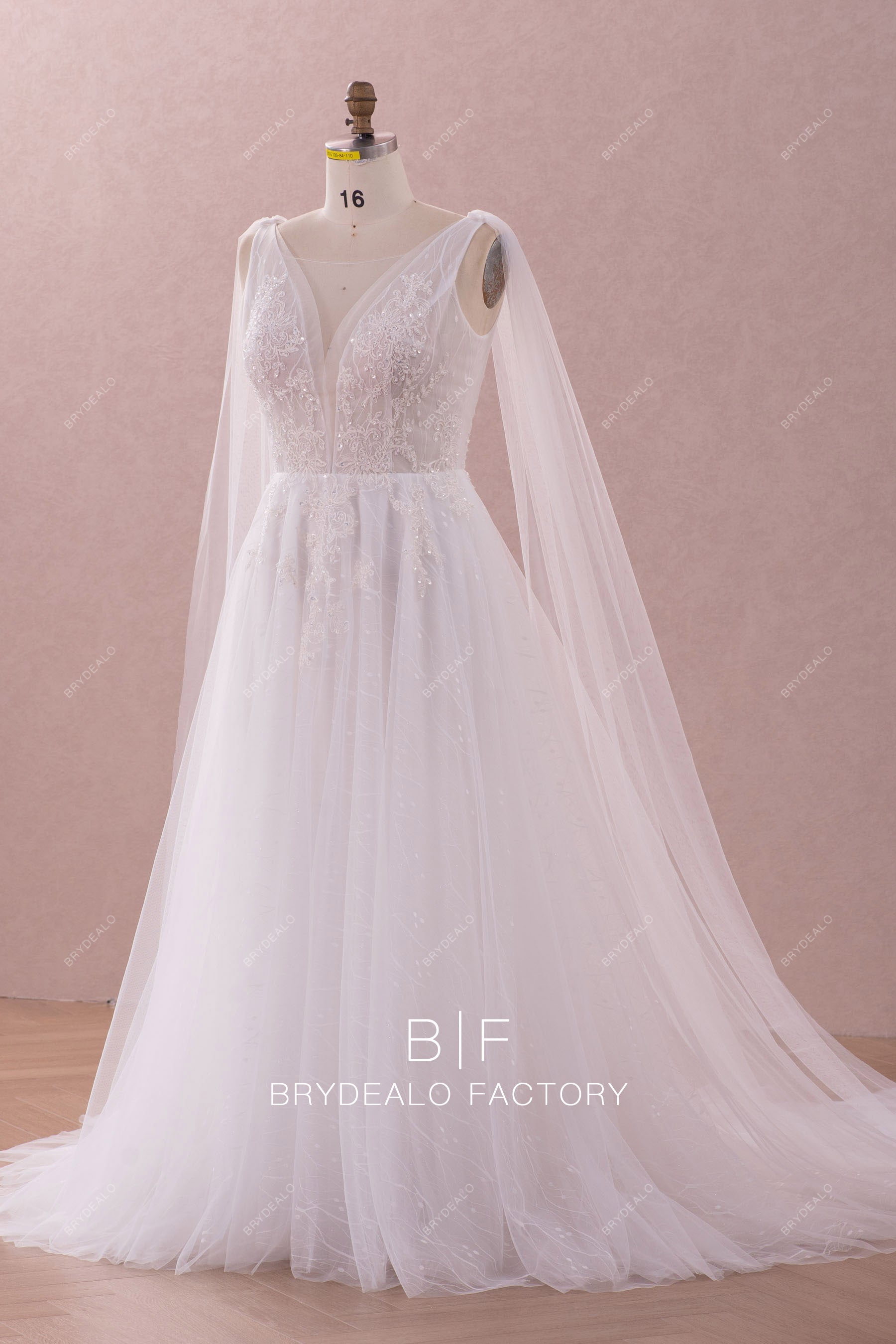 Sheer straps plunging beaded lace A-line bridal gown