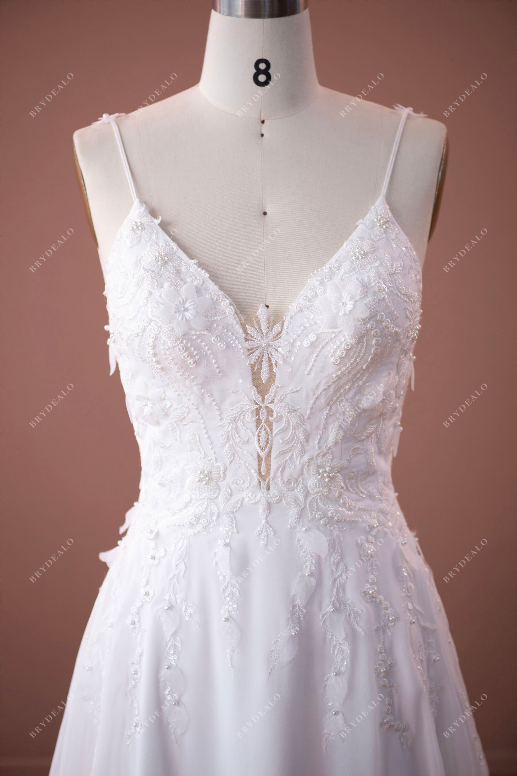 beaded straps plunging designer flower lace wedding dress