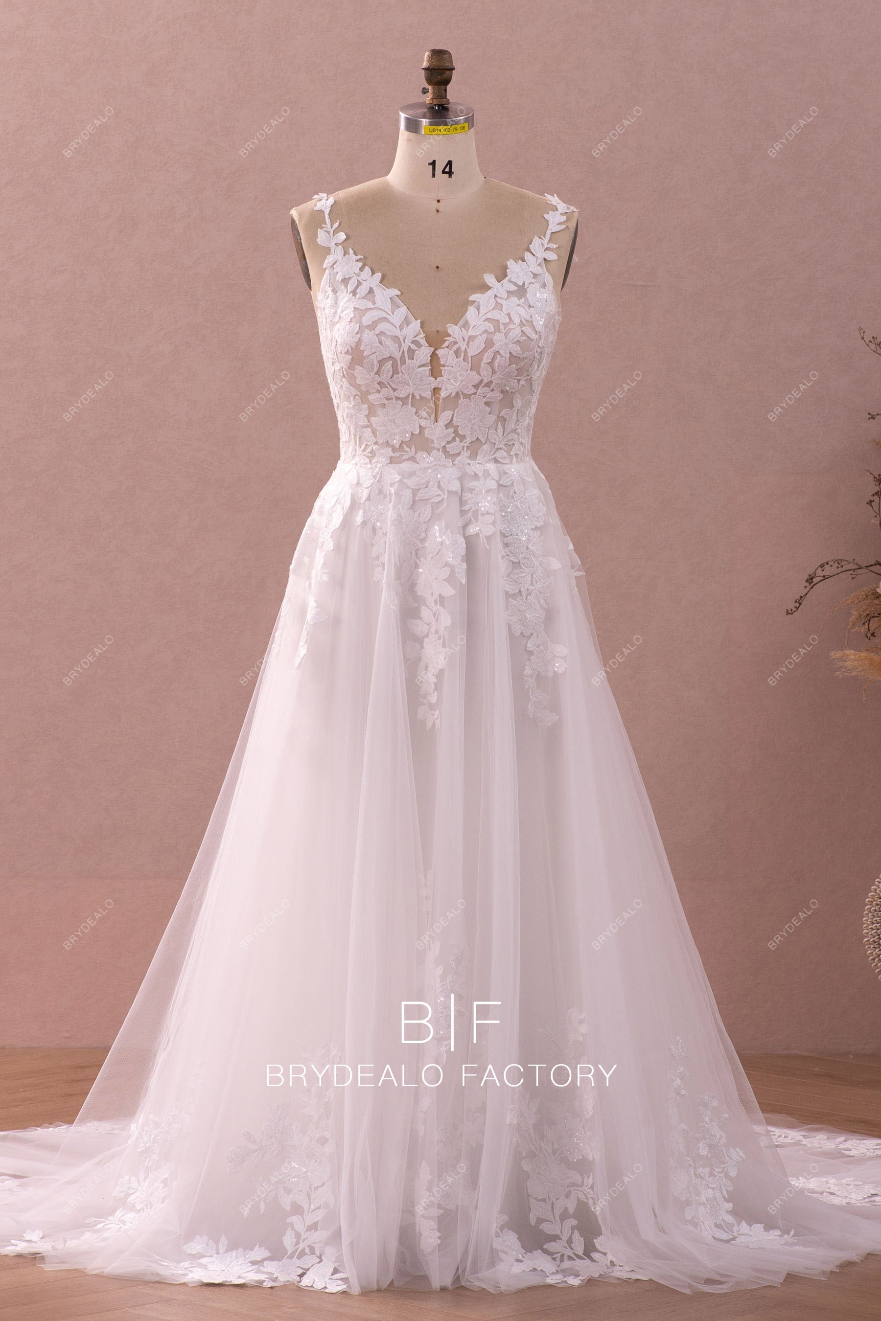 Romantic Flower Lace Sleeveless A-line Tulle Bridal Gown