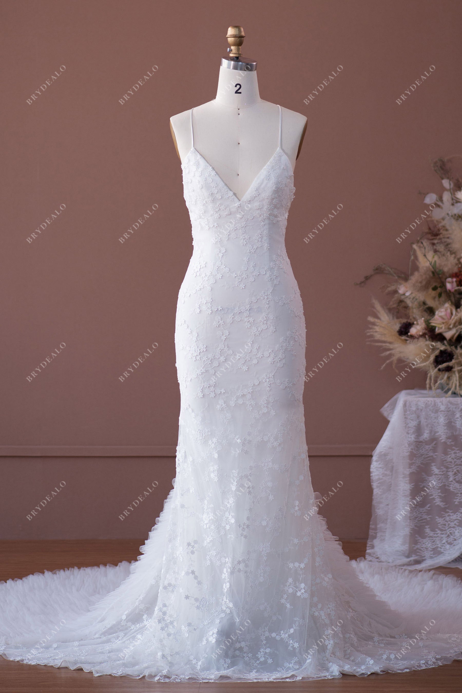 Designer V-neck Lace Ruffled Tulle Mermaid Country Wedding Dress
