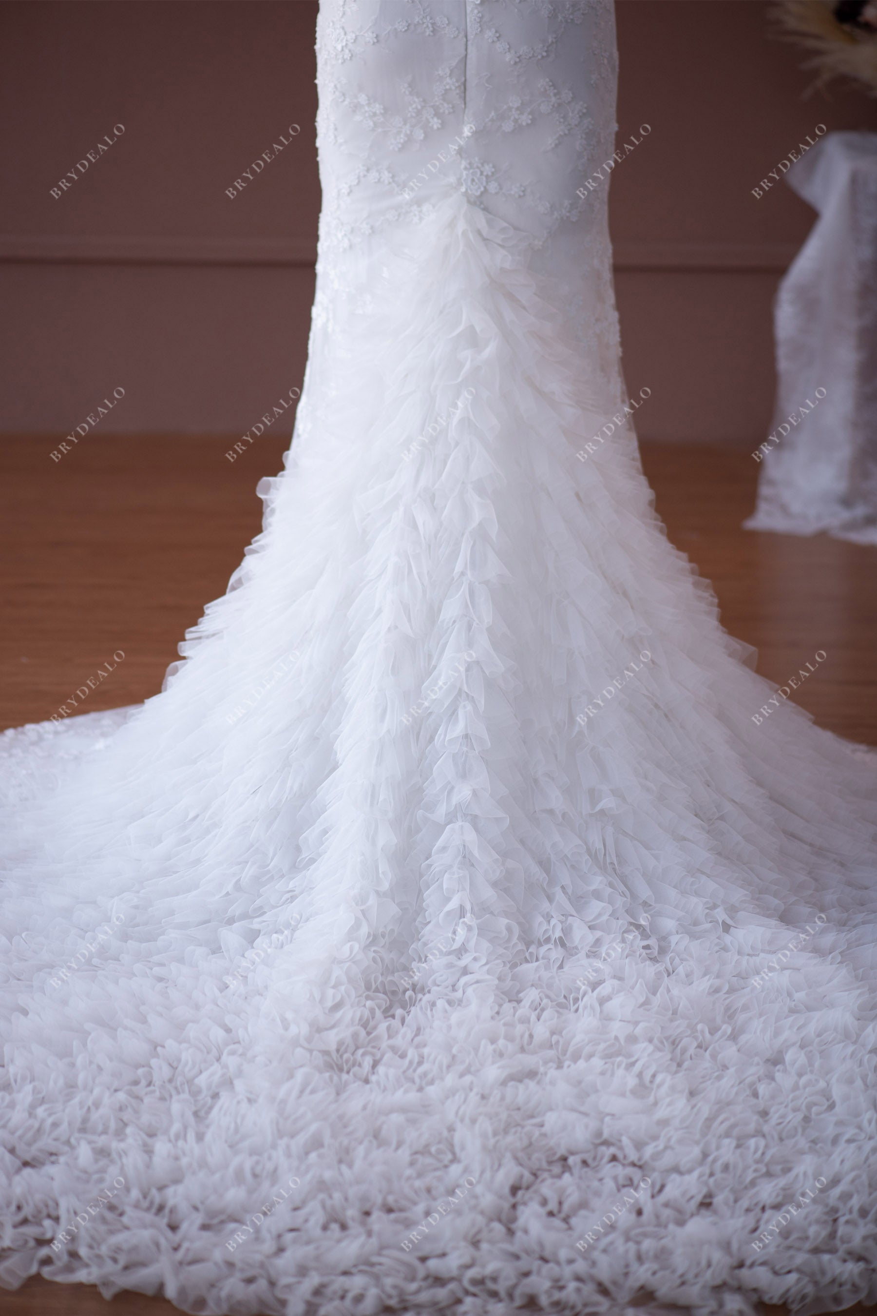 Designer Ruffled Tulle Mermaid Long Train Wedding Dress
