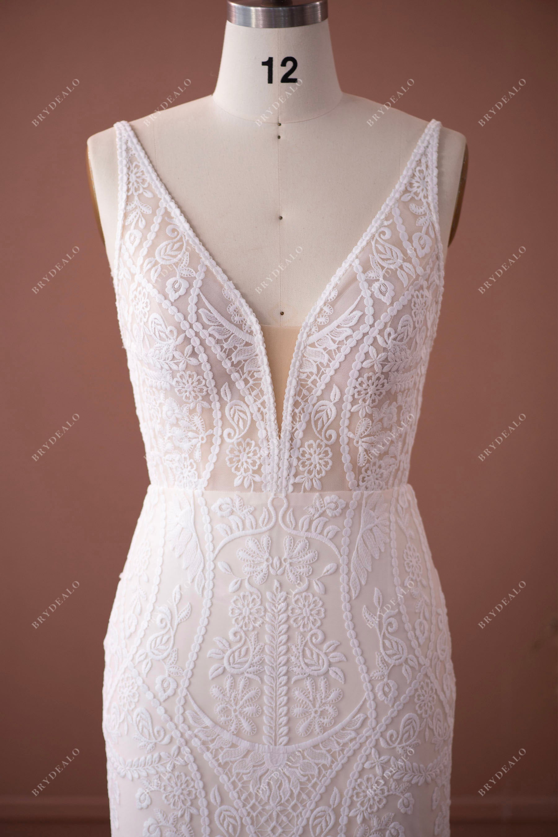 lace straps plunging neck boho mermaid bridal dress