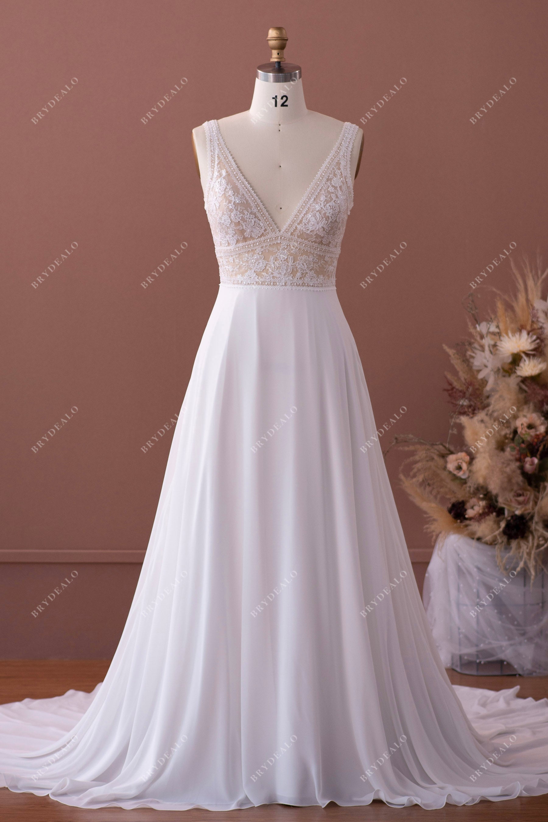 Boho Shimmery Lace V-neck Chiffon  Wedding Dress