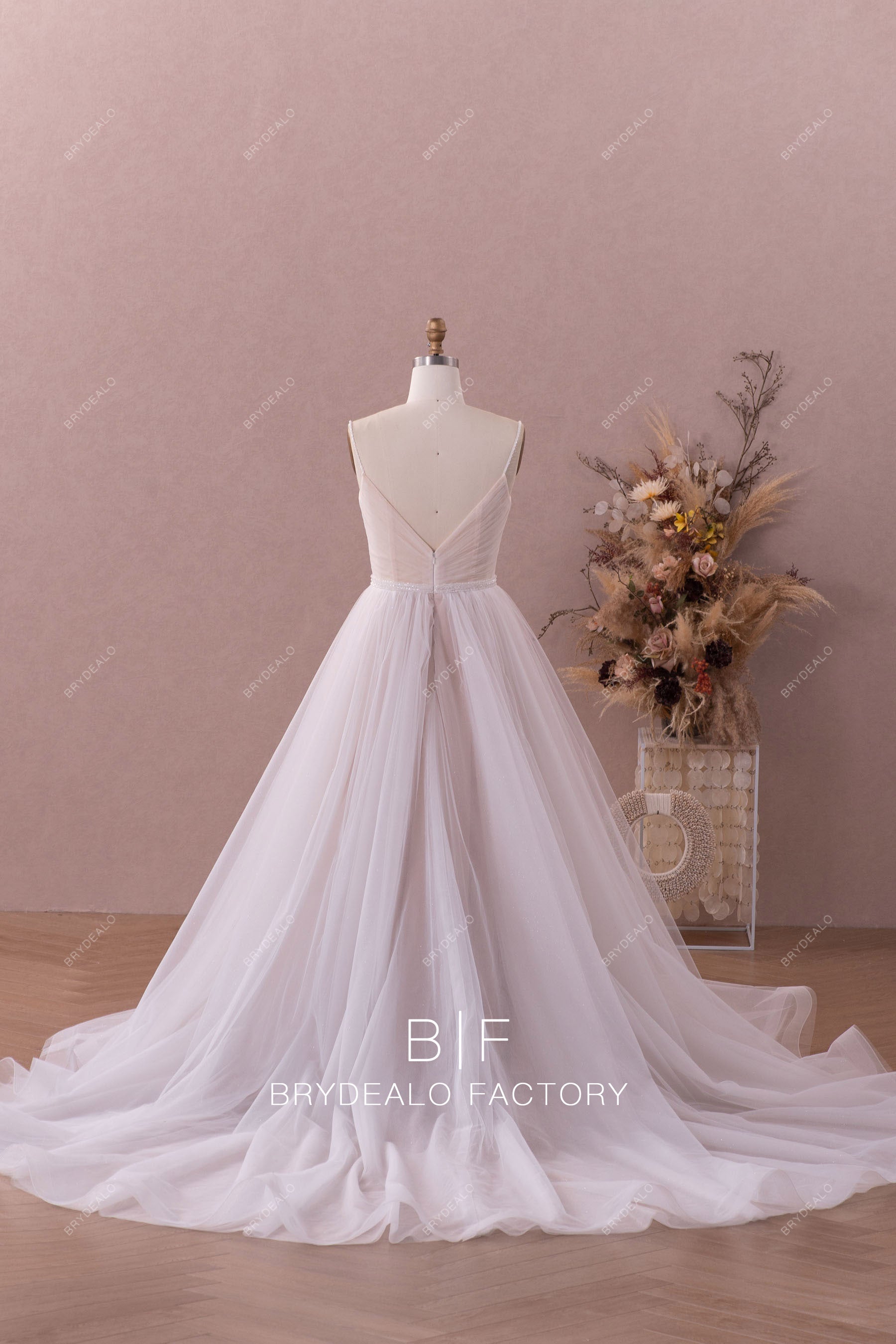 open back A-line long train wedding dress