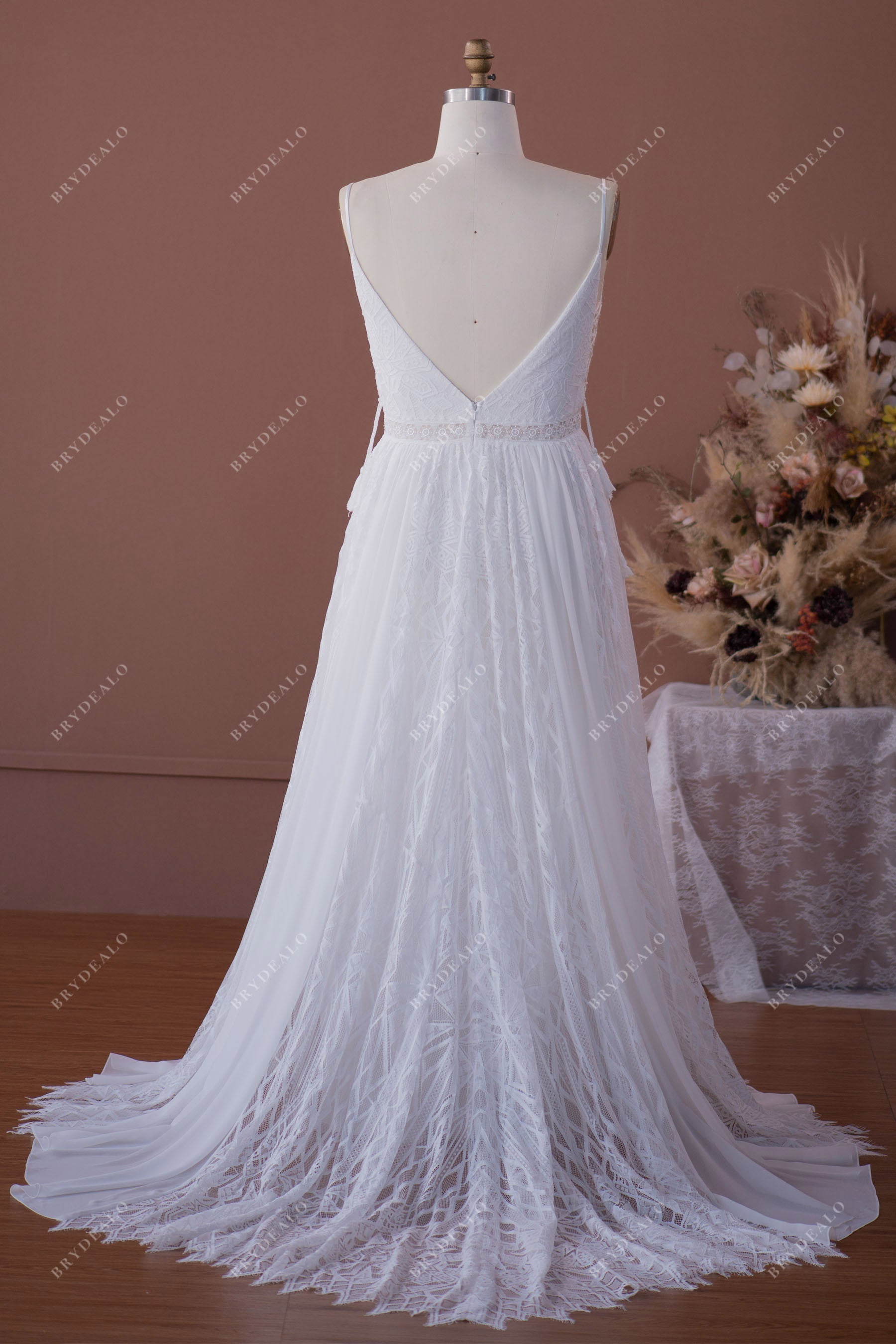sweep train open V-back beach bridal gown