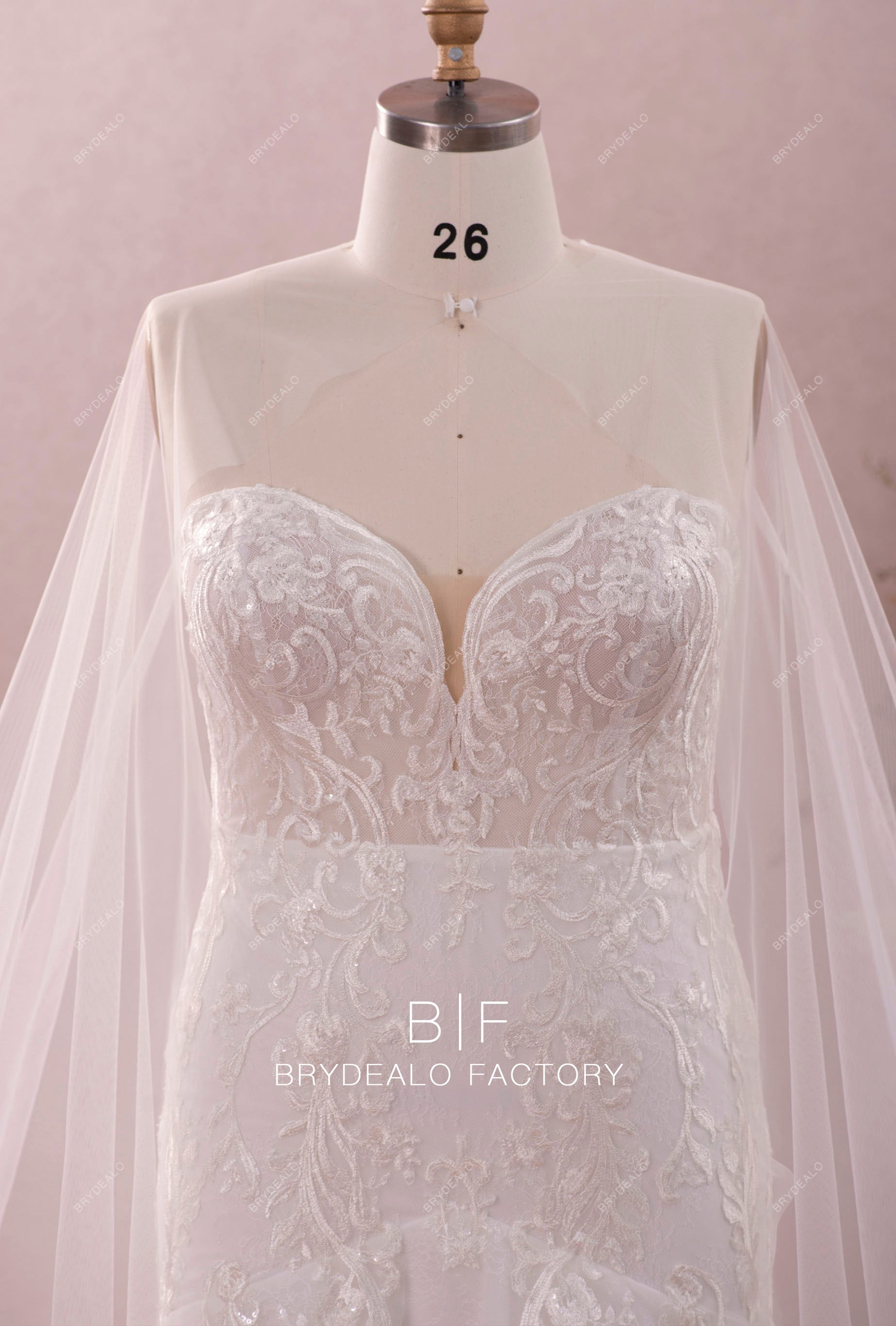 designer sweetheart lace bridal gown tulle cape