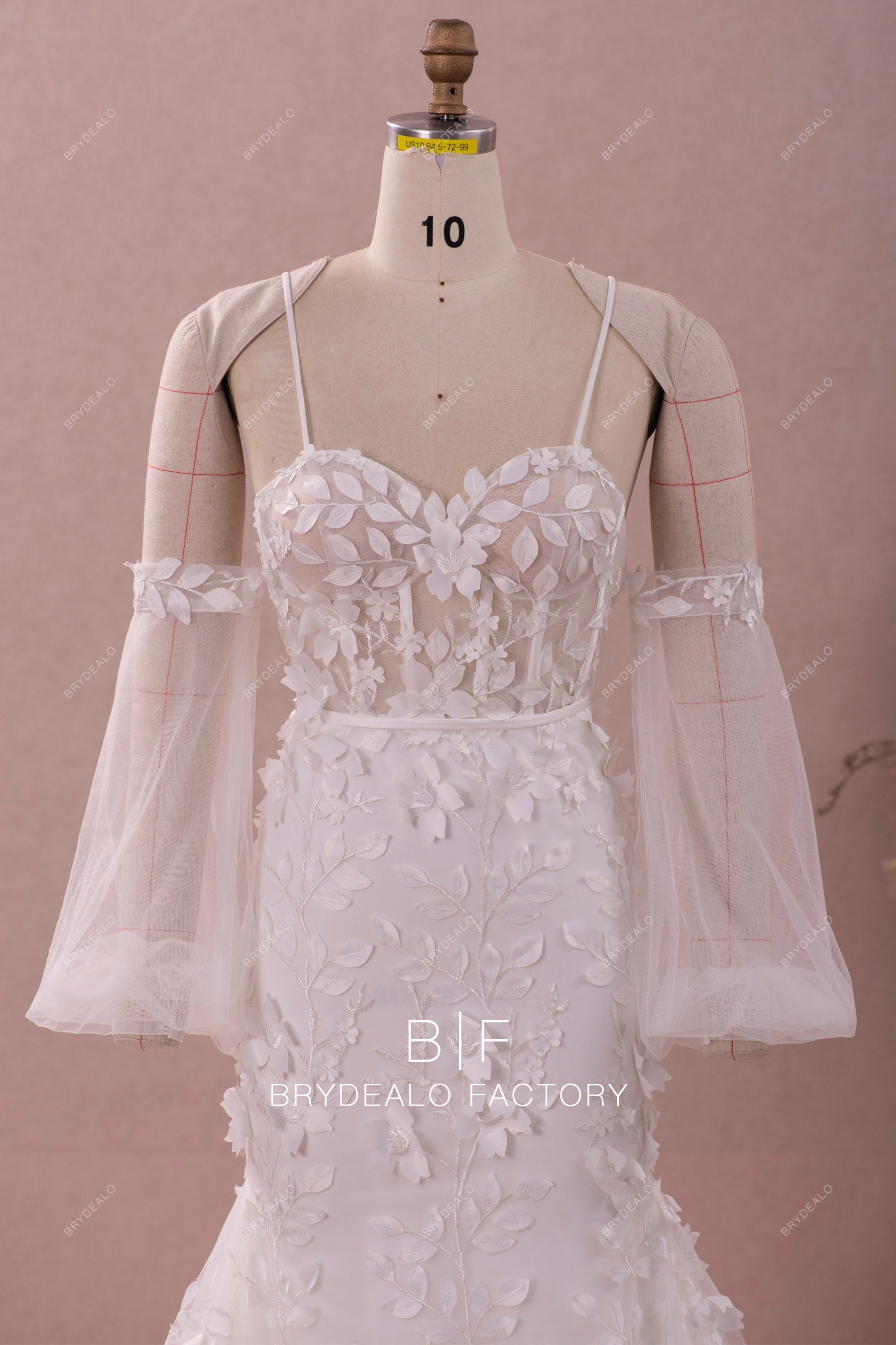 Sweetheart neck leaf lace sleeved mermaid wedding dress
