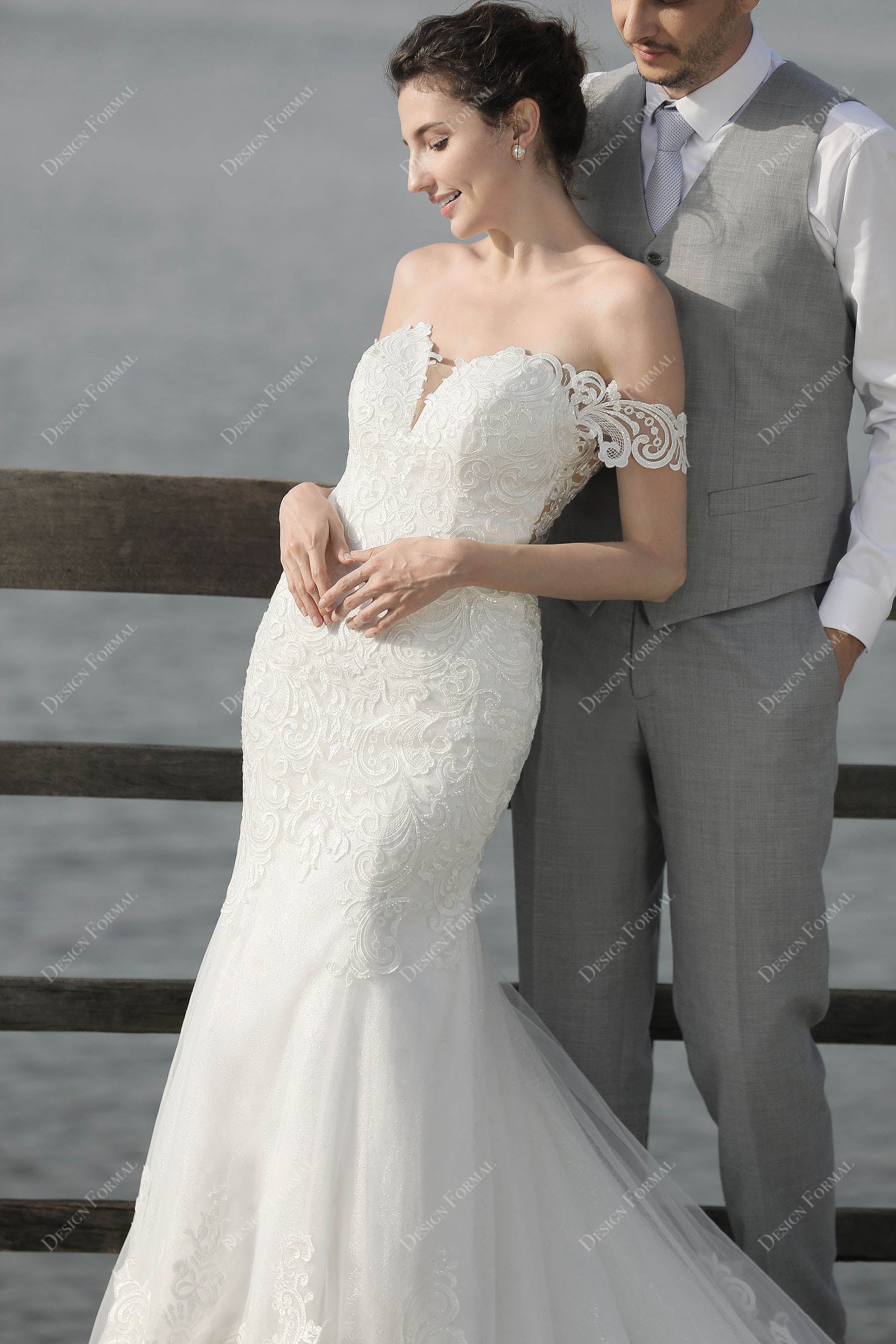 sweetheart neck off shoulder lace bridal gown
