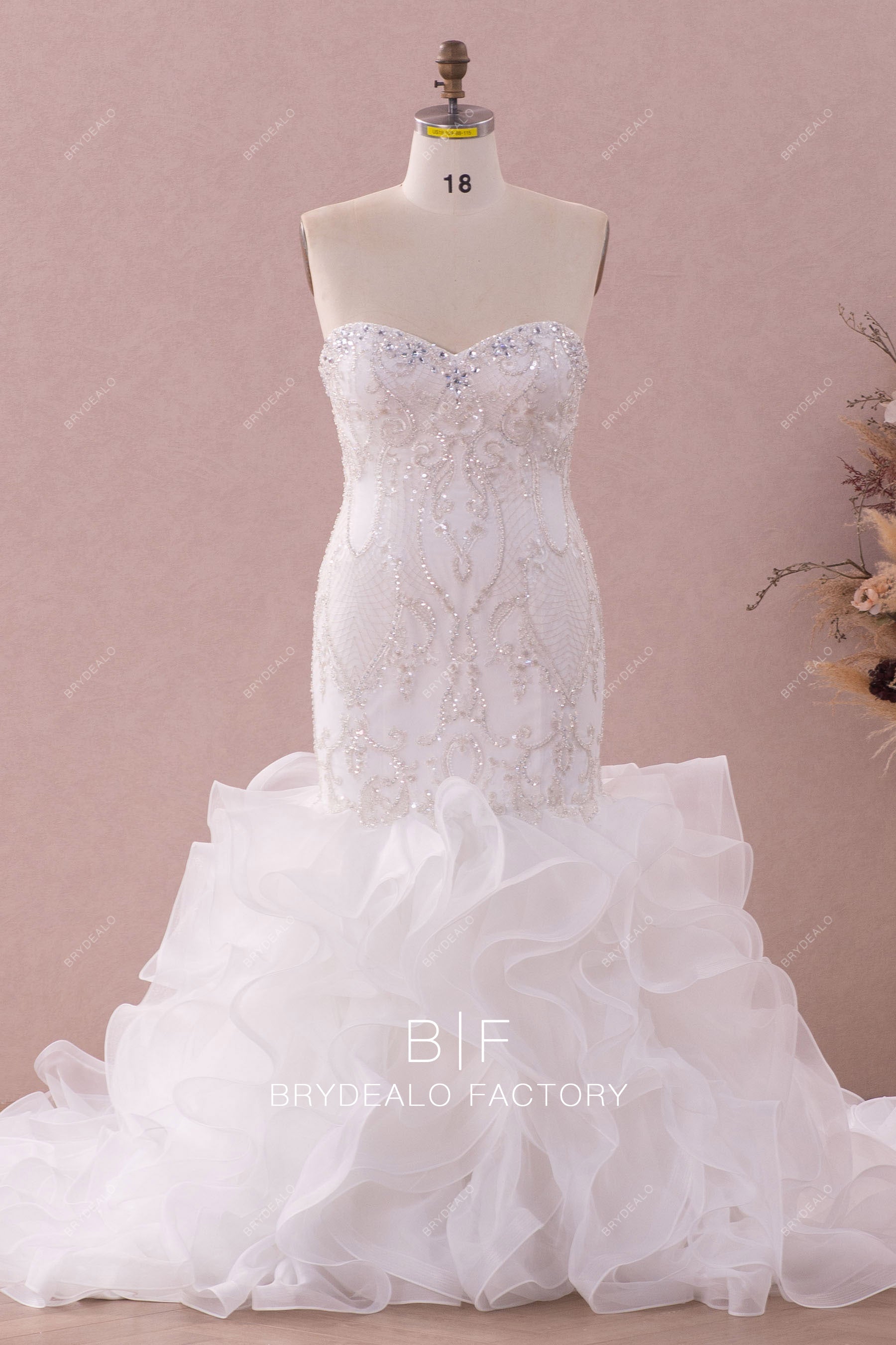 strapless sweetheart sparkly lace ruffled organza wedding gown