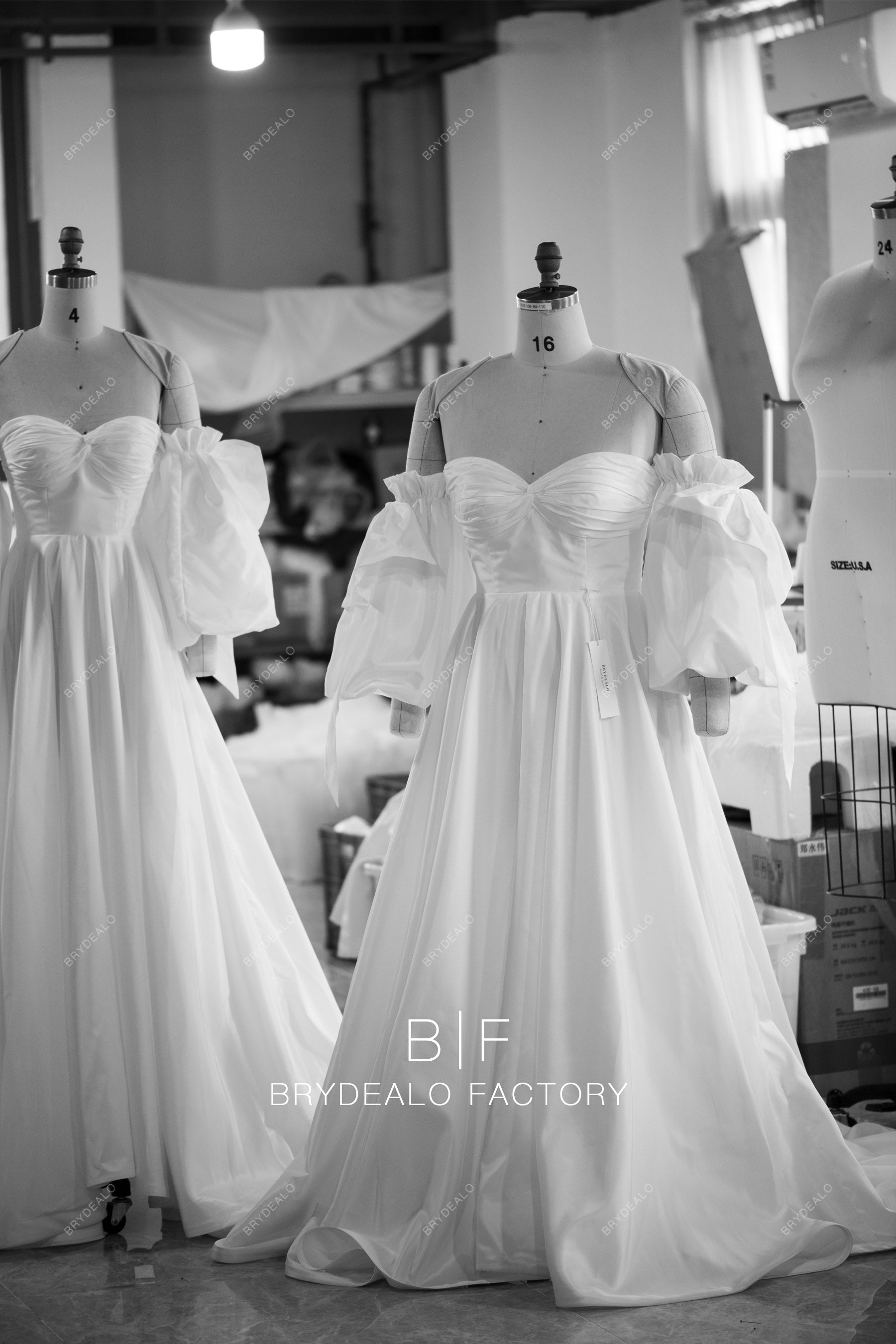 tailored taffeta off shoulder sleeved wedding dresses