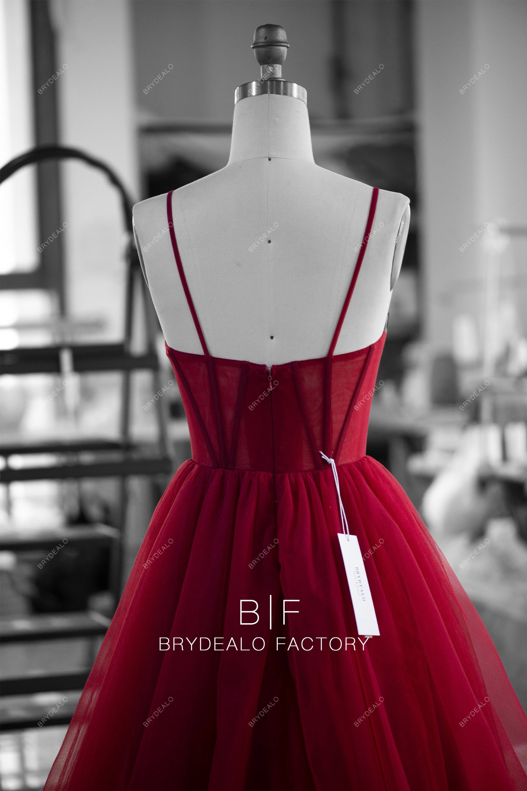 made-to-order thin straps visible boning dark red tulle prom dress